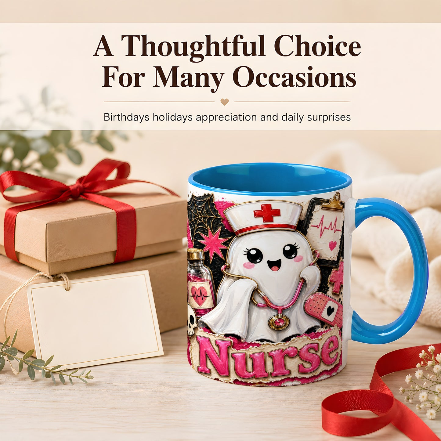#pl[11oz|Blue] Cute Nurse Ghost Coffee Mug, Halloween Nurse Mug, Ceramic Cup
