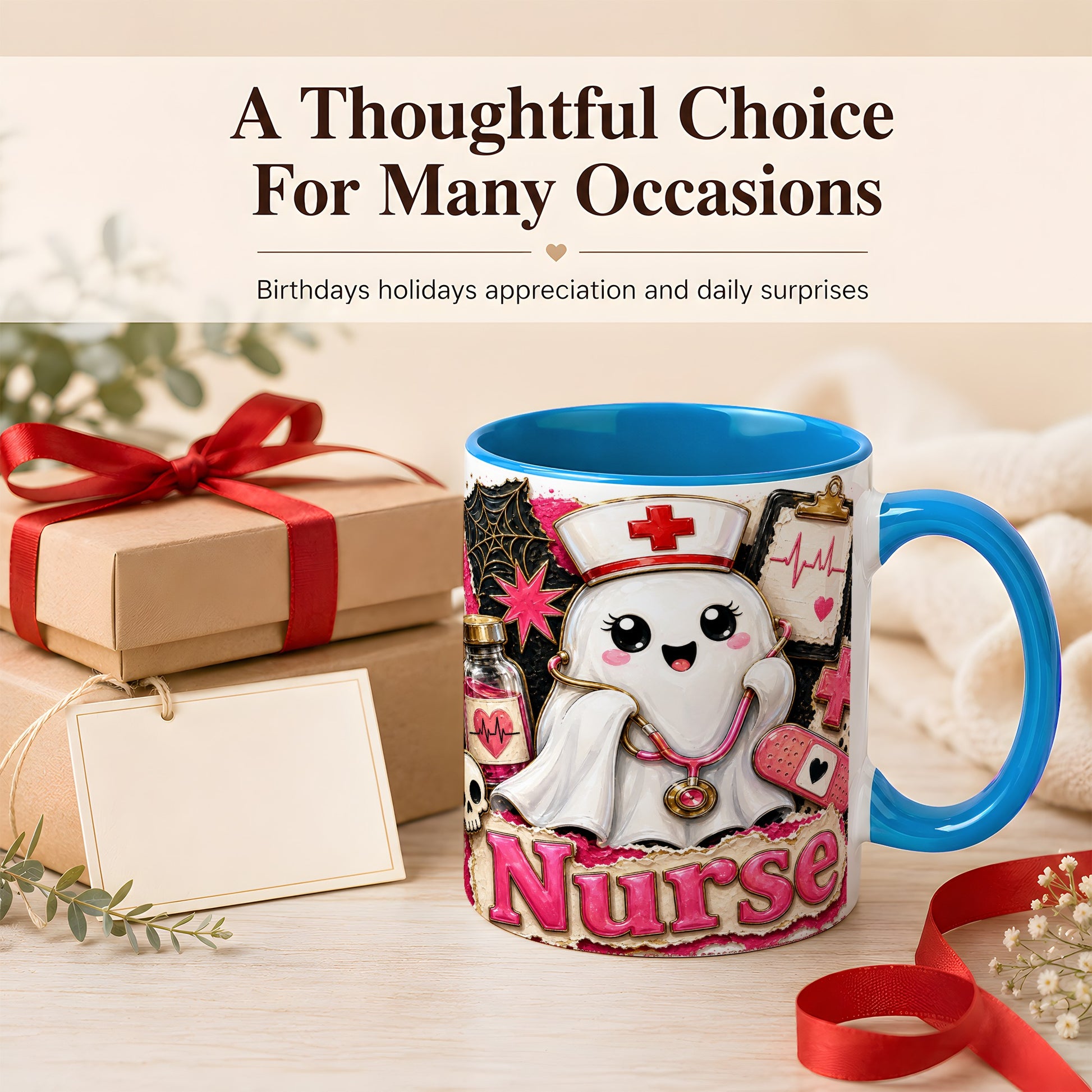 #pl[11oz|Blue] Cute Nurse Ghost Coffee Mug, Halloween Nurse Mug, Ceramic Cup