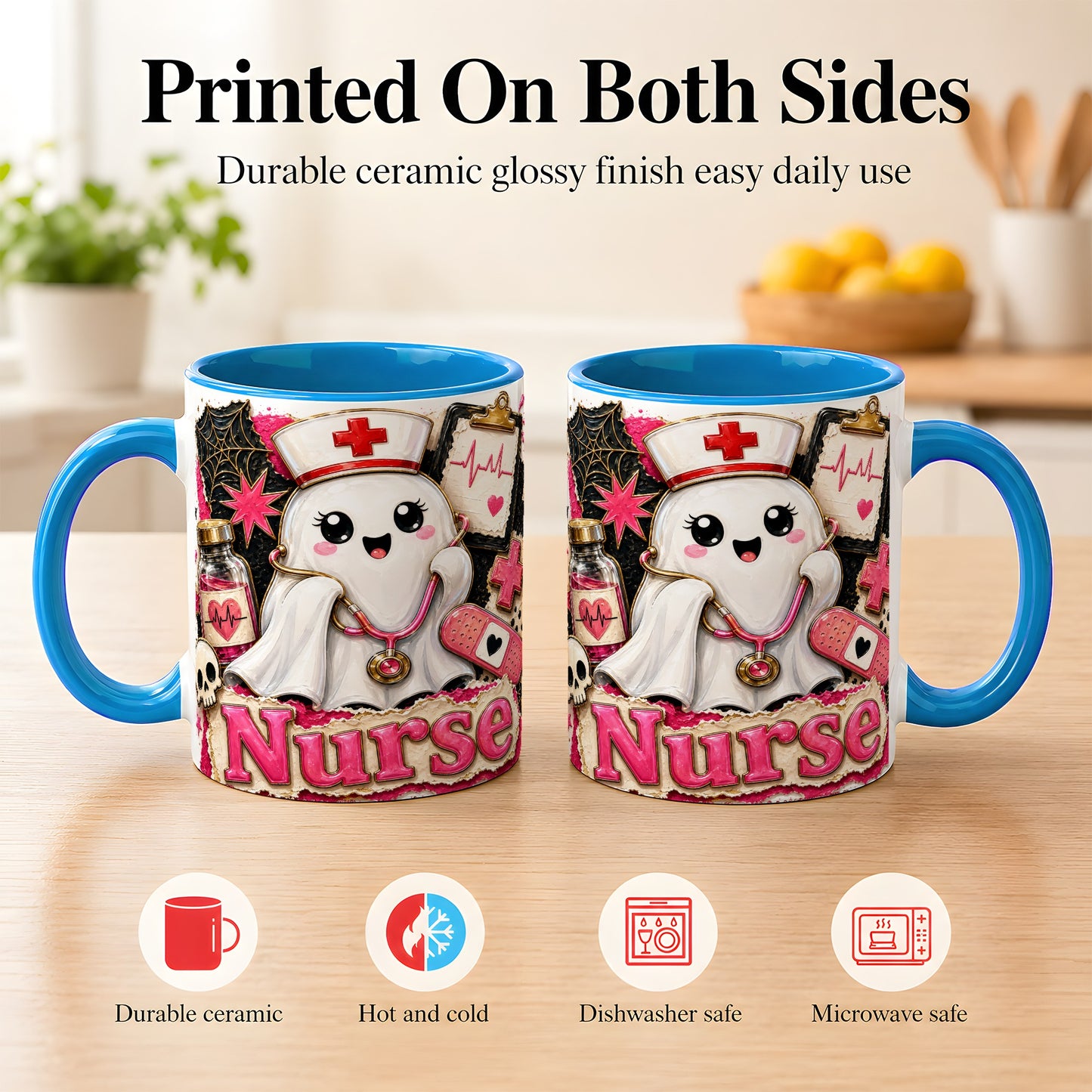 #pl[11oz|Blue] Cute Nurse Ghost Coffee Mug, Halloween Nurse Mug, Ceramic Cup