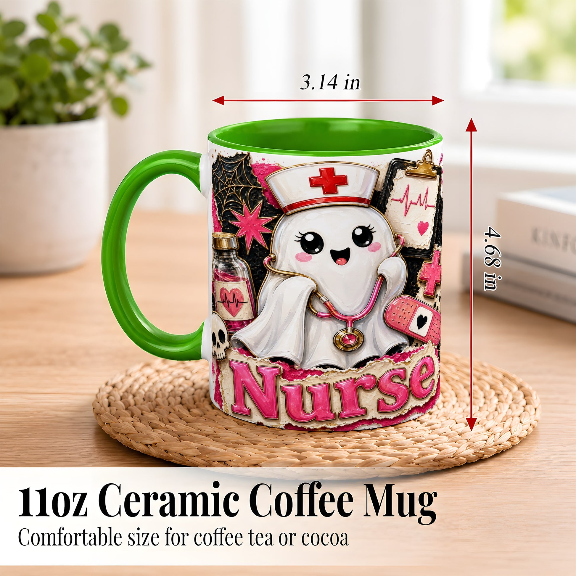 #pl[11oz|Green] Cute Nurse Ghost Coffee Mug, Halloween Nurse Mug, Ceramic Cup