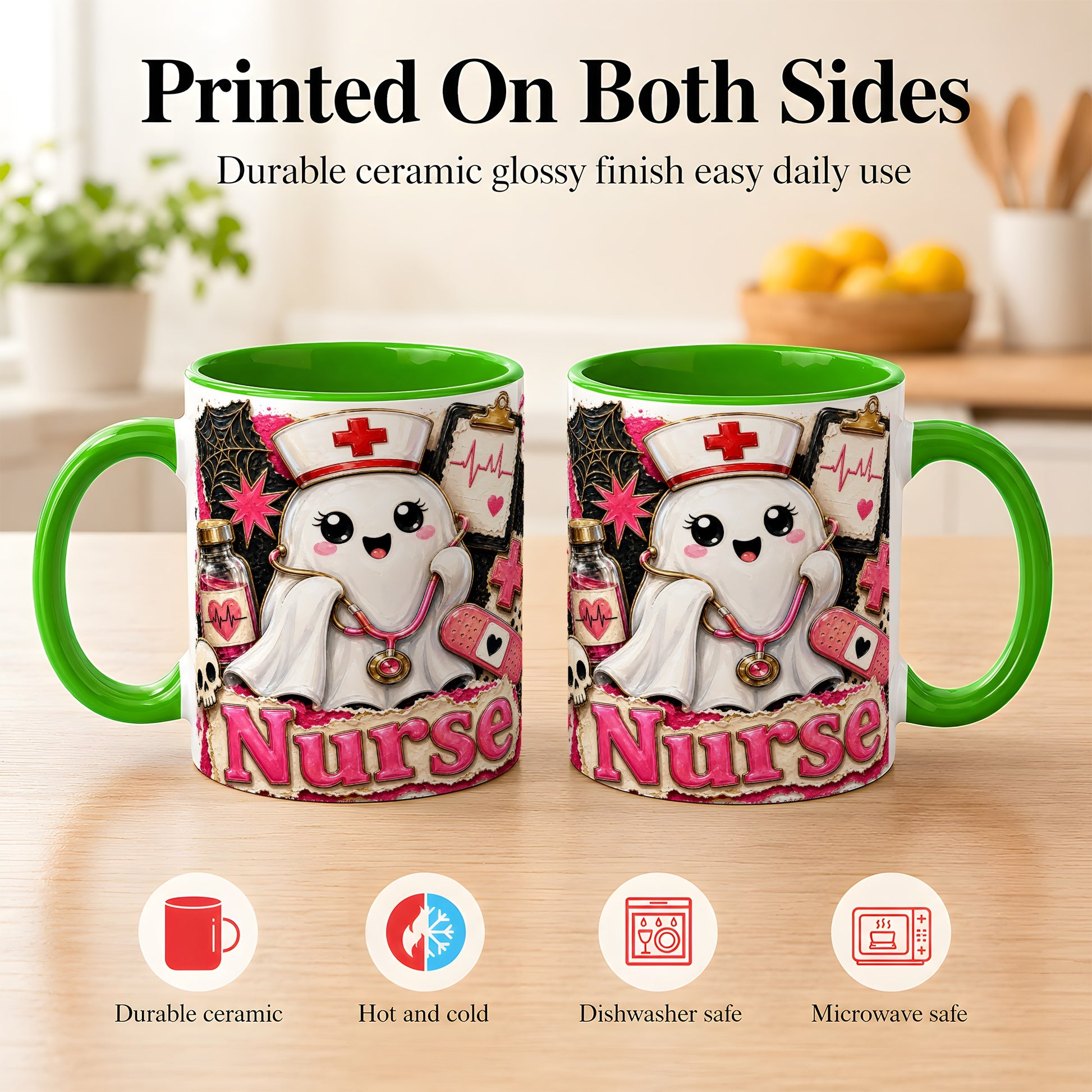 #pl[11oz|Green] Cute Nurse Ghost Coffee Mug, Halloween Nurse Mug, Ceramic Cup