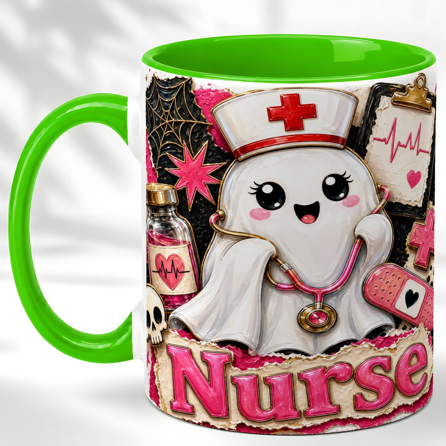 #pl[11oz|Green] Cute Nurse Ghost Coffee Mug, Halloween Nurse Mug, Ceramic Cup