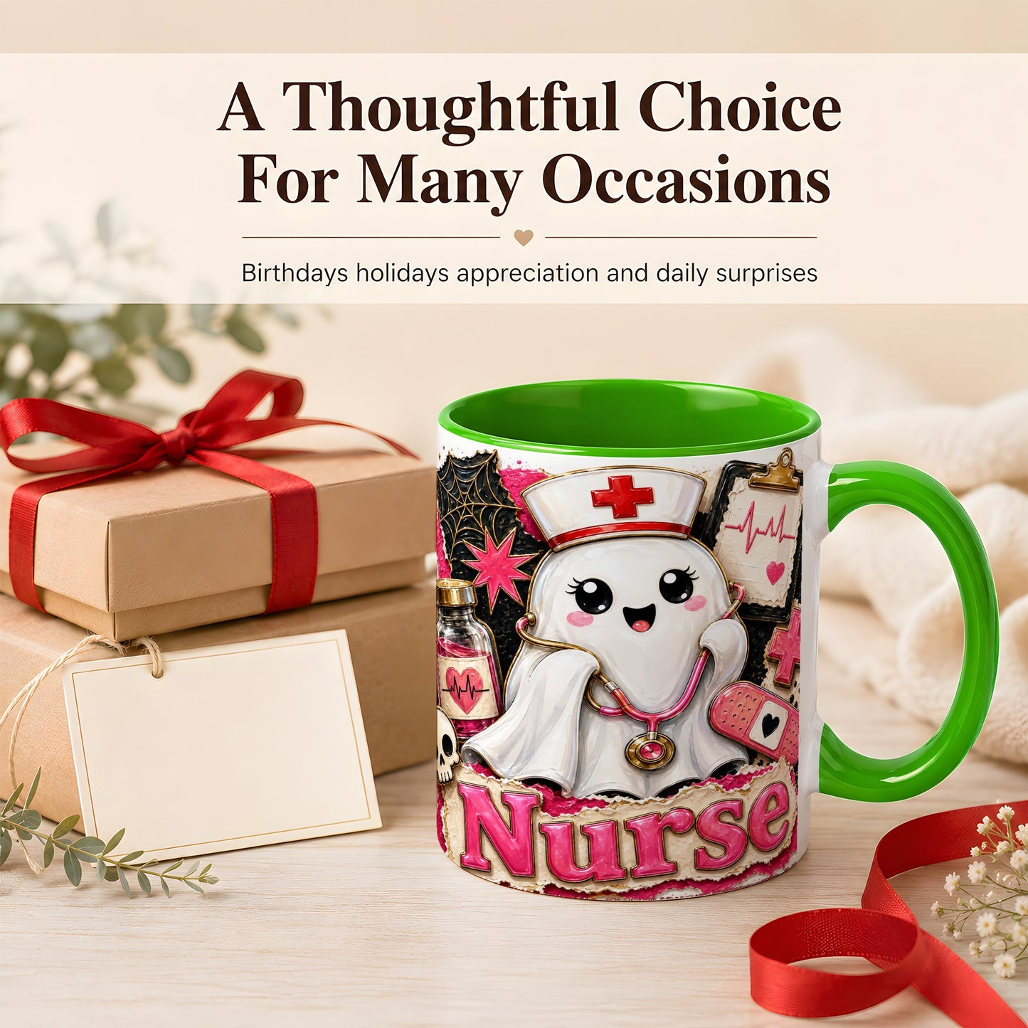 #pl[11oz|Green] Cute Nurse Ghost Coffee Mug, Halloween Nurse Mug, Ceramic Cup