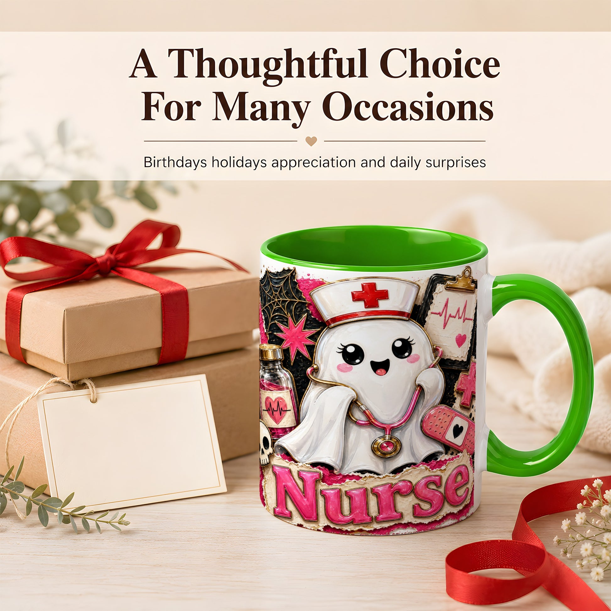 #pl[11oz|Green] Cute Nurse Ghost Coffee Mug, Halloween Nurse Mug, Ceramic Cup