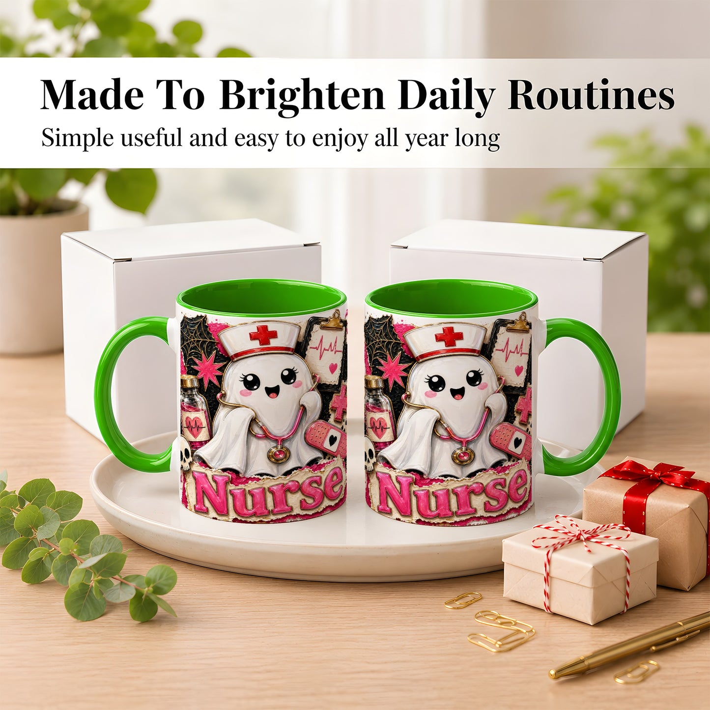 #pl[11oz|Green] Cute Nurse Ghost Coffee Mug, Halloween Nurse Mug, Ceramic Cup