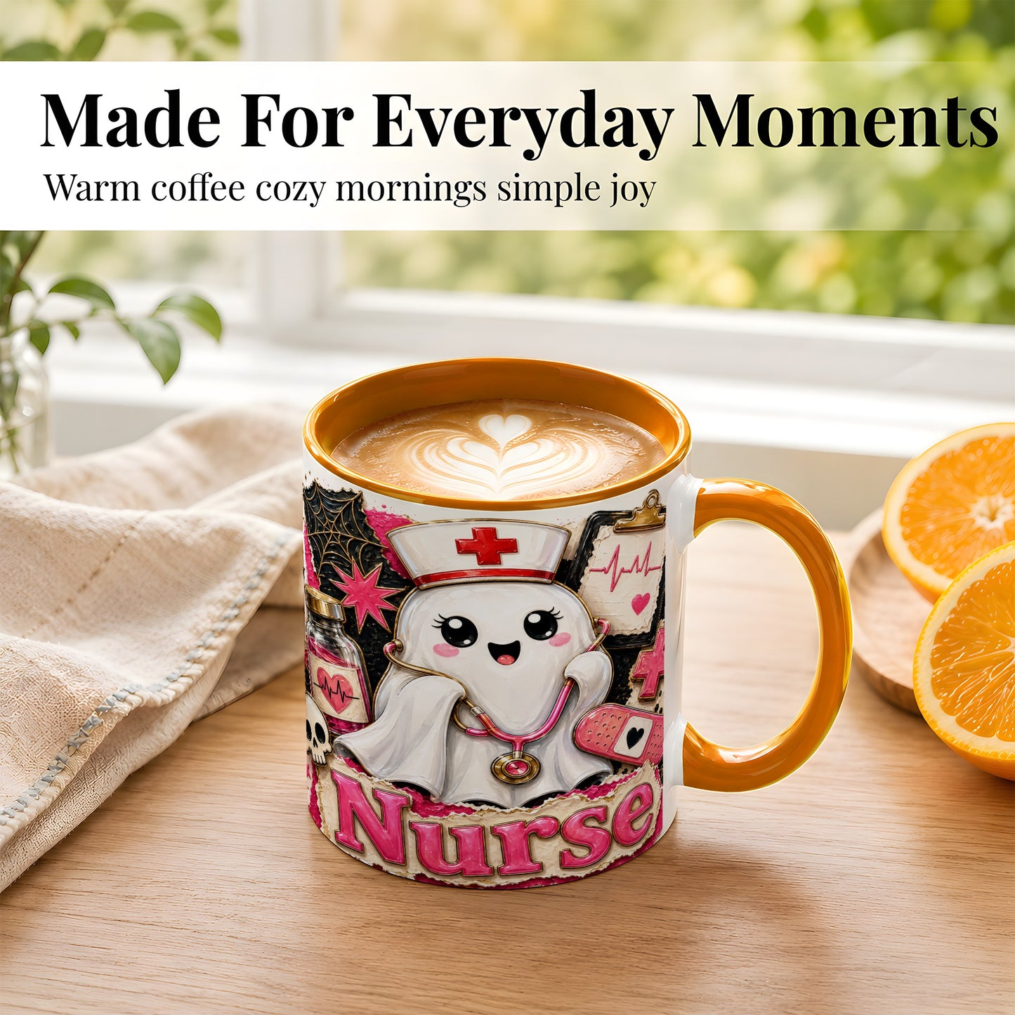 #pl[11oz|Orange] Cute Nurse Ghost Coffee Mug, Halloween Nurse Mug, Ceramic Cup
