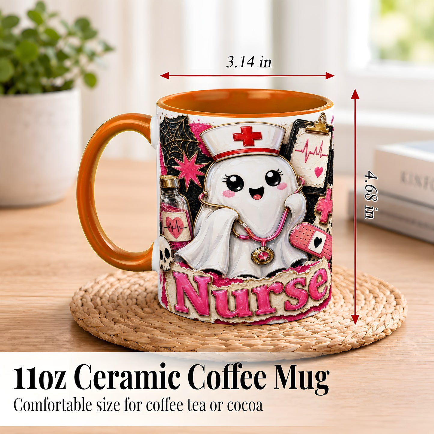 #pl[11oz|Orange] Cute Nurse Ghost Coffee Mug, Halloween Nurse Mug, Ceramic Cup