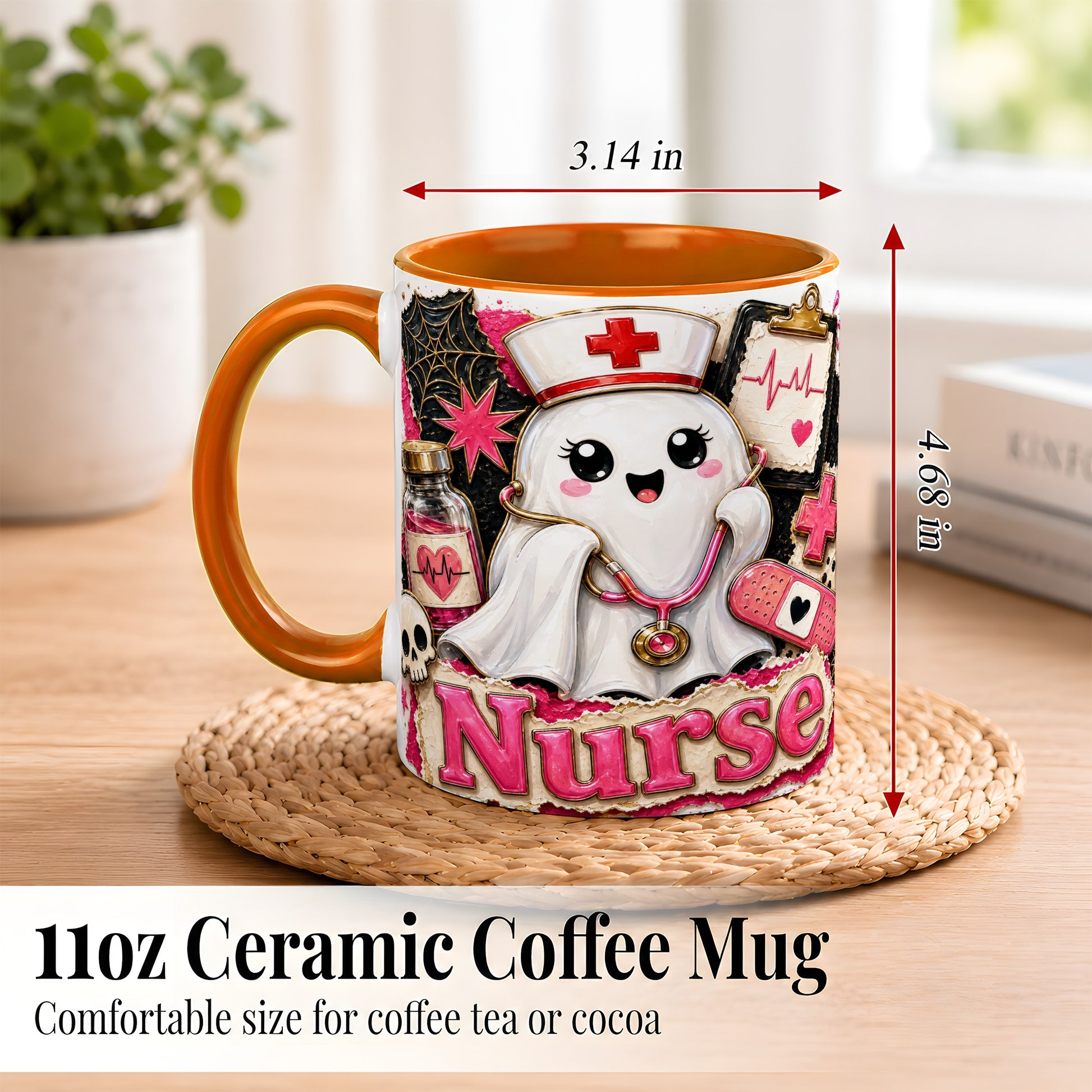 #pl[11oz|Orange] Cute Nurse Ghost Coffee Mug, Halloween Nurse Mug, Ceramic Cup