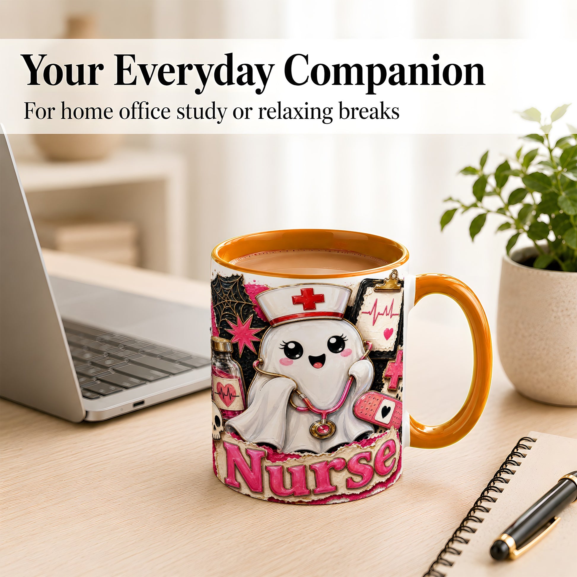 #pl[11oz|Orange] Cute Nurse Ghost Coffee Mug, Halloween Nurse Mug, Ceramic Cup