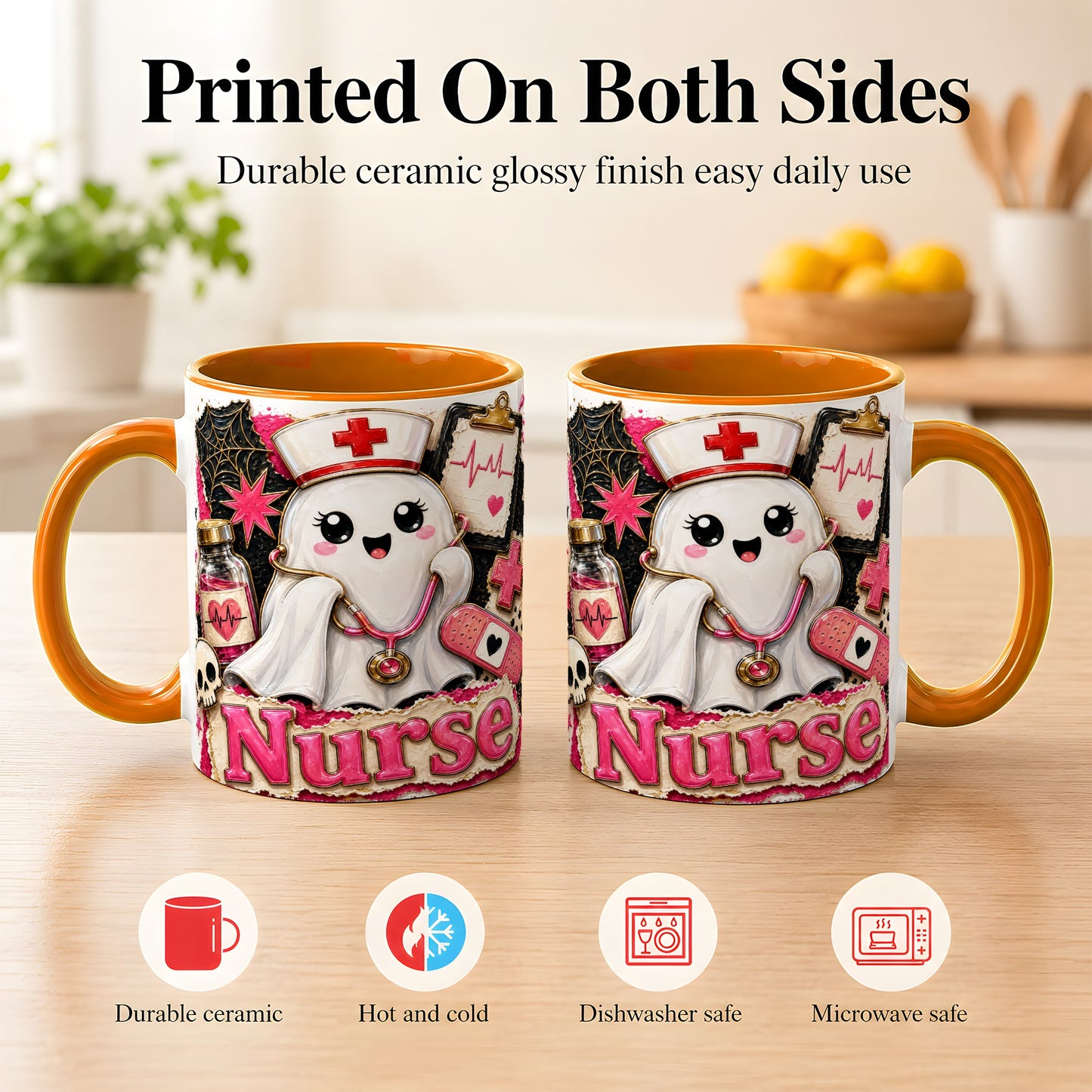 #pl[11oz|Orange] Cute Nurse Ghost Coffee Mug, Halloween Nurse Mug, Ceramic Cup