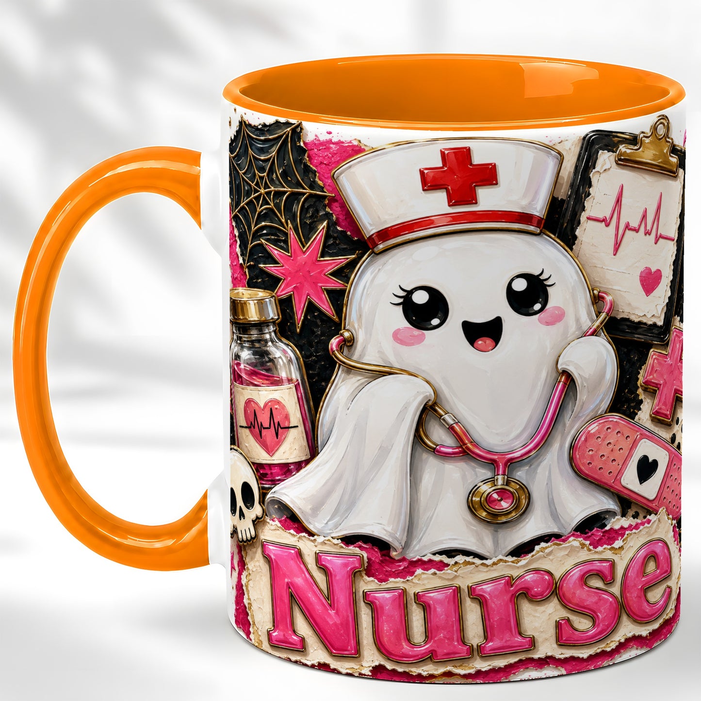 #pl[11oz|Orange] Cute Nurse Ghost Coffee Mug, Halloween Nurse Mug, Ceramic Cup