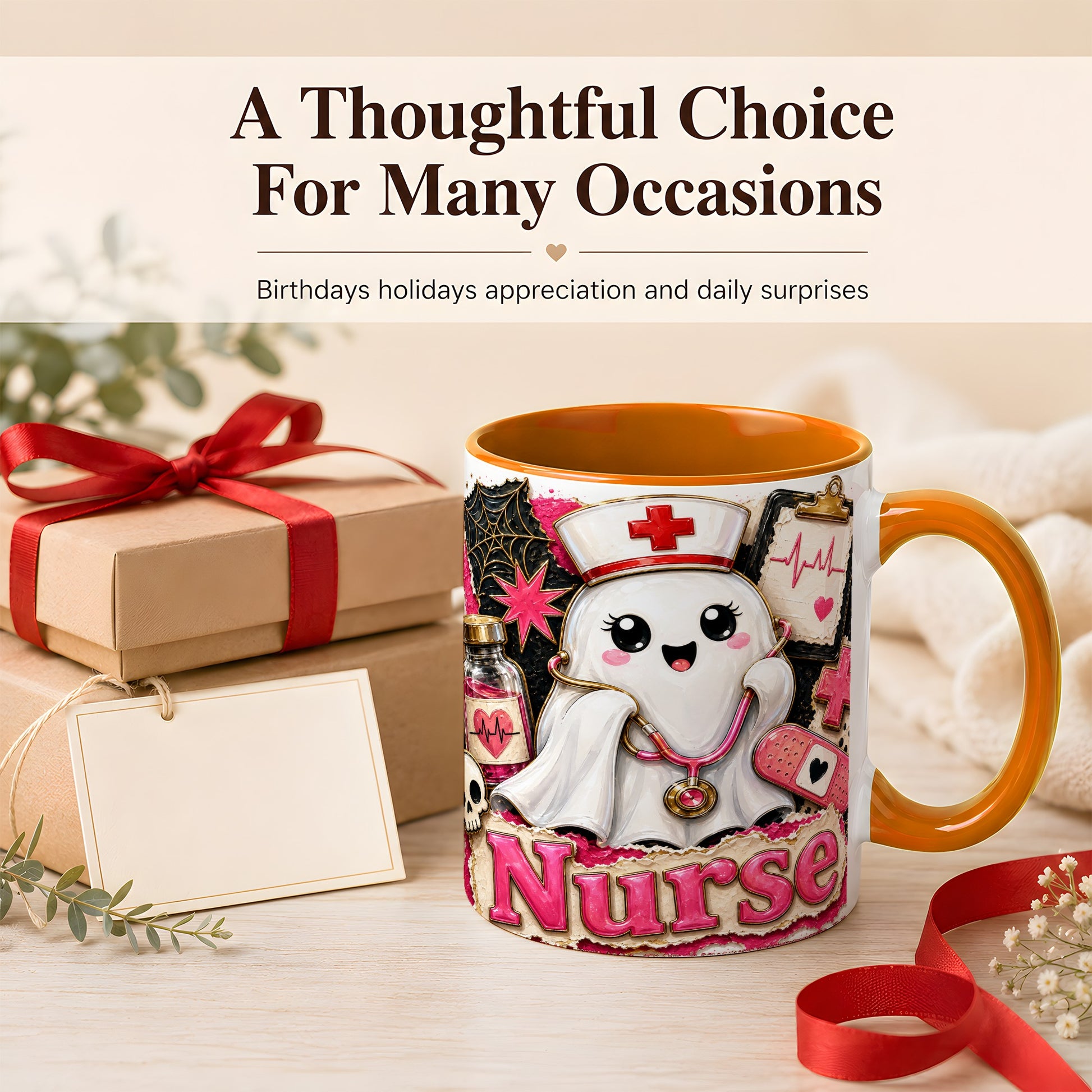 #pl[11oz|Orange] Cute Nurse Ghost Coffee Mug, Halloween Nurse Mug, Ceramic Cup
