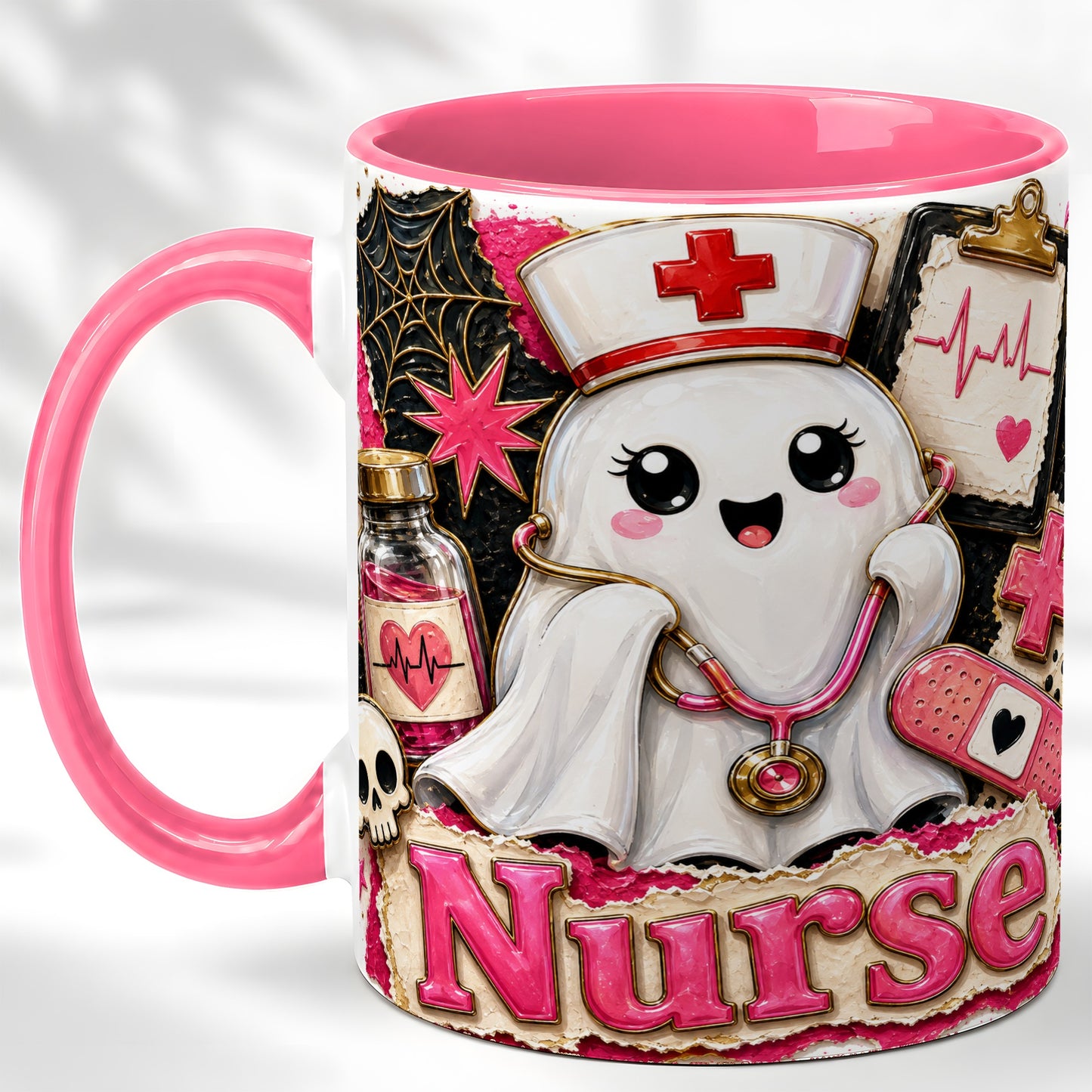 #pl[11oz|Pink] Cute Nurse Ghost Coffee Mug, Halloween Nurse Mug, Ceramic Cup
