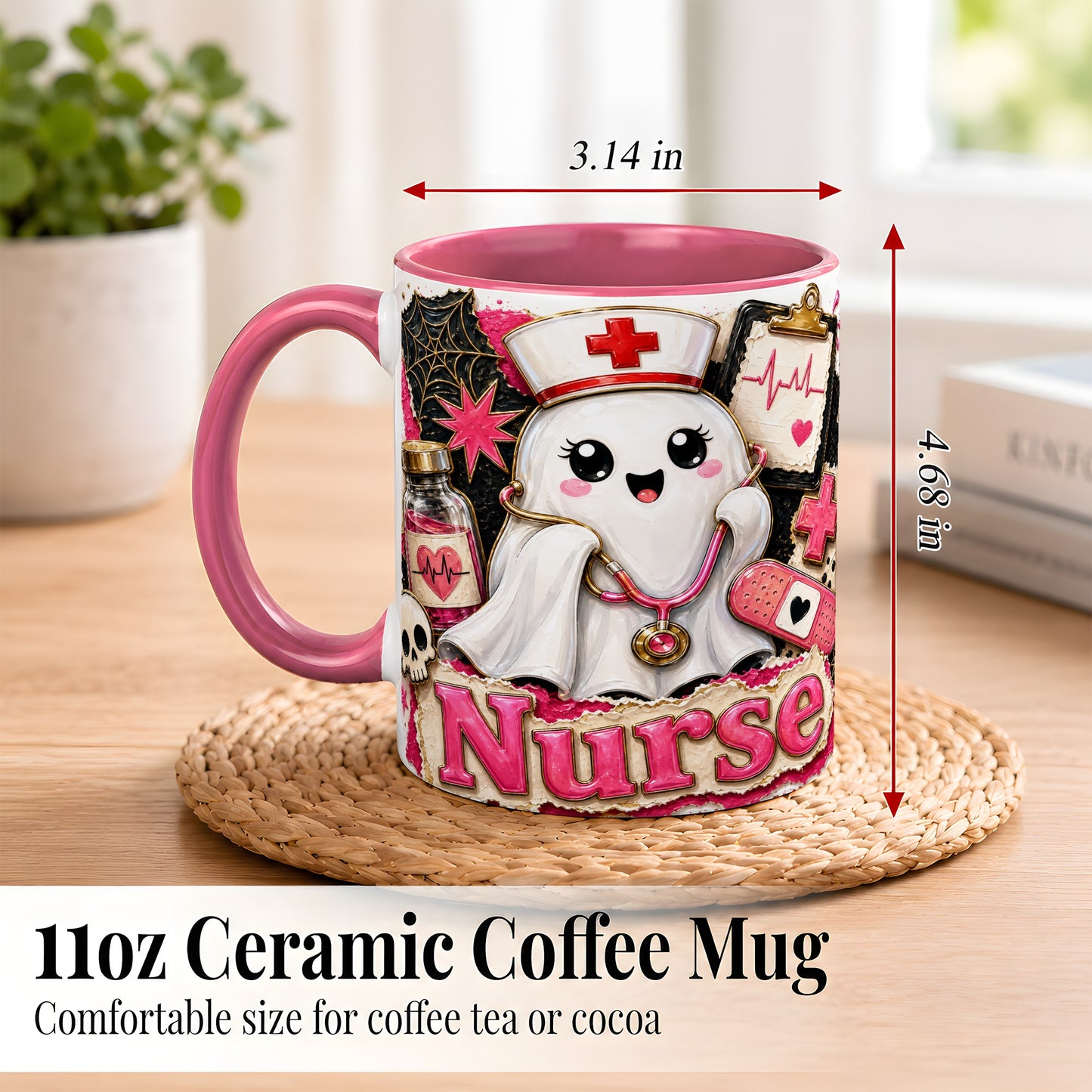 #pl[11oz|Pink] Cute Nurse Ghost Coffee Mug, Halloween Nurse Mug, Ceramic Cup