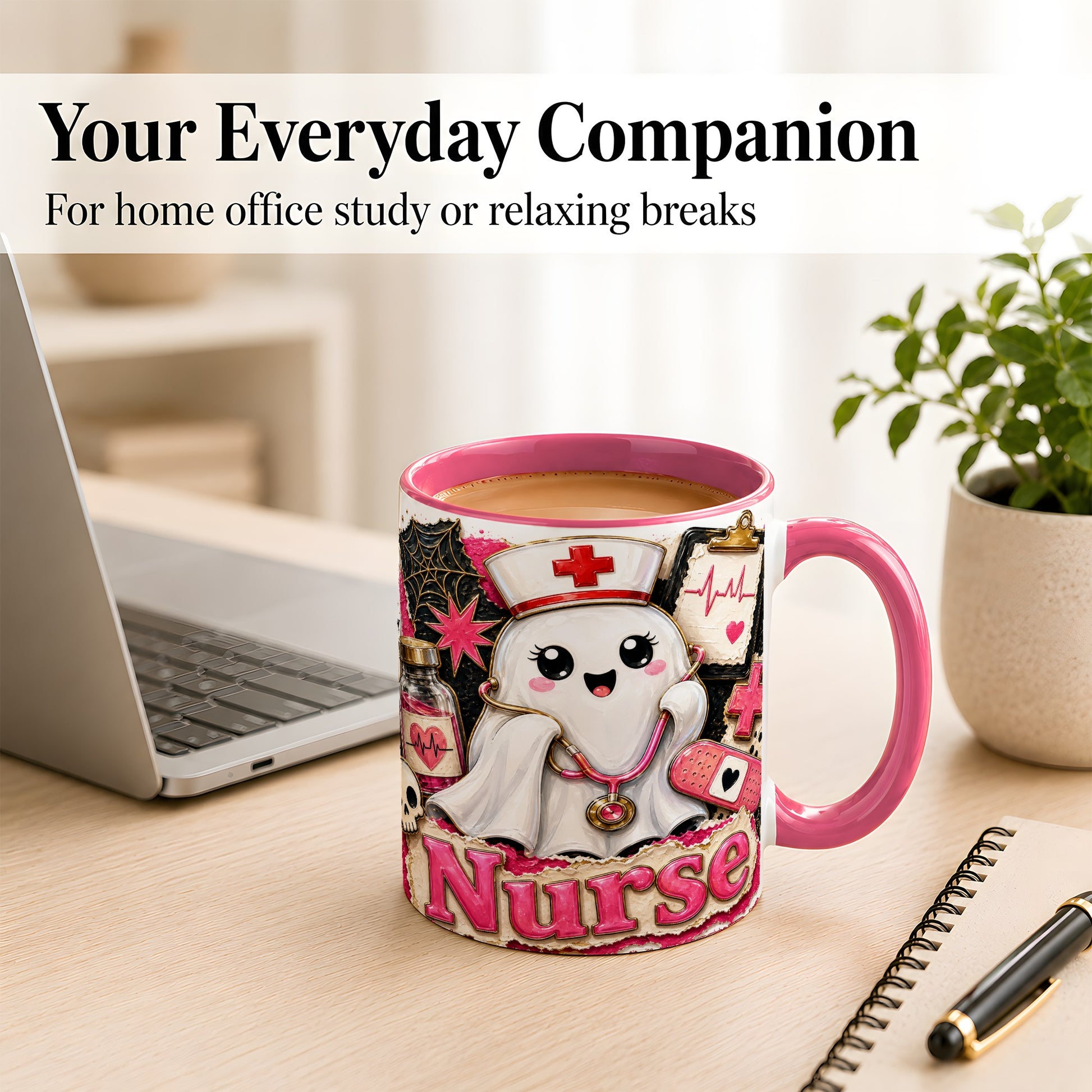#pl[11oz|Pink] Cute Nurse Ghost Coffee Mug, Halloween Nurse Mug, Ceramic Cup