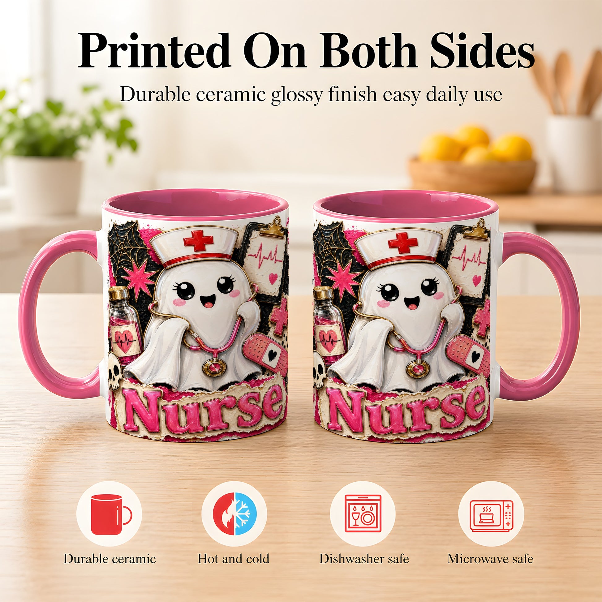 #pl[11oz|Pink] Cute Nurse Ghost Coffee Mug, Halloween Nurse Mug, Ceramic Cup