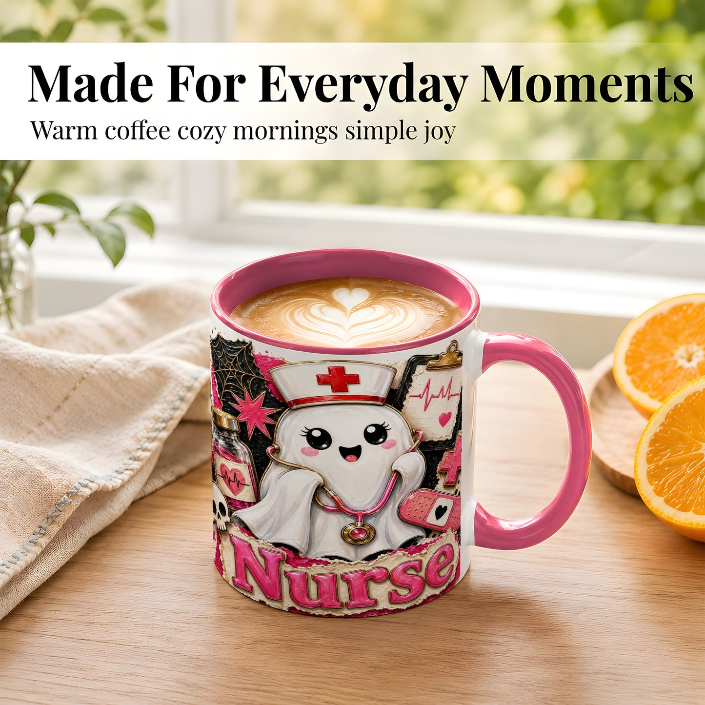 #pl[11oz|Pink] Cute Nurse Ghost Coffee Mug, Halloween Nurse Mug, Ceramic Cup