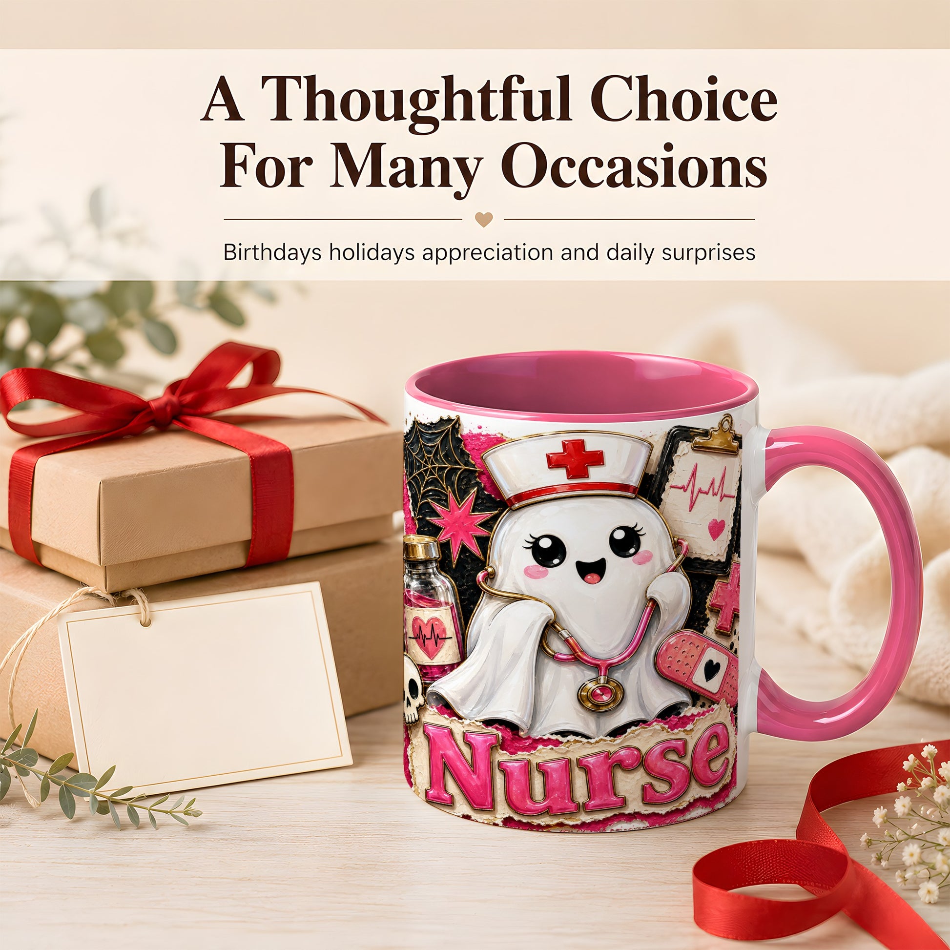 #pl[11oz|Pink] Cute Nurse Ghost Coffee Mug, Halloween Nurse Mug, Ceramic Cup
