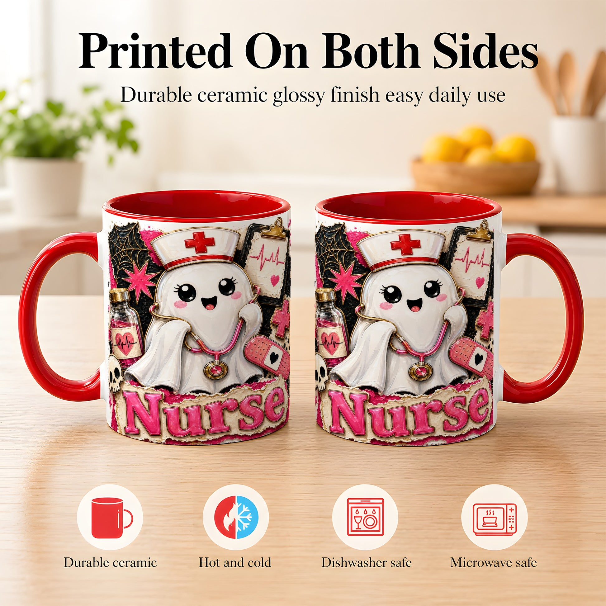 #pl[11oz|Red] Cute Nurse Ghost Coffee Mug, Halloween Nurse Mug, Ceramic Cup