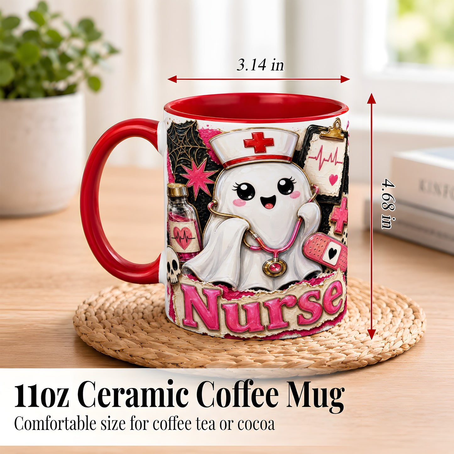 #pl[11oz|Red] Cute Nurse Ghost Coffee Mug, Halloween Nurse Mug, Ceramic Cup