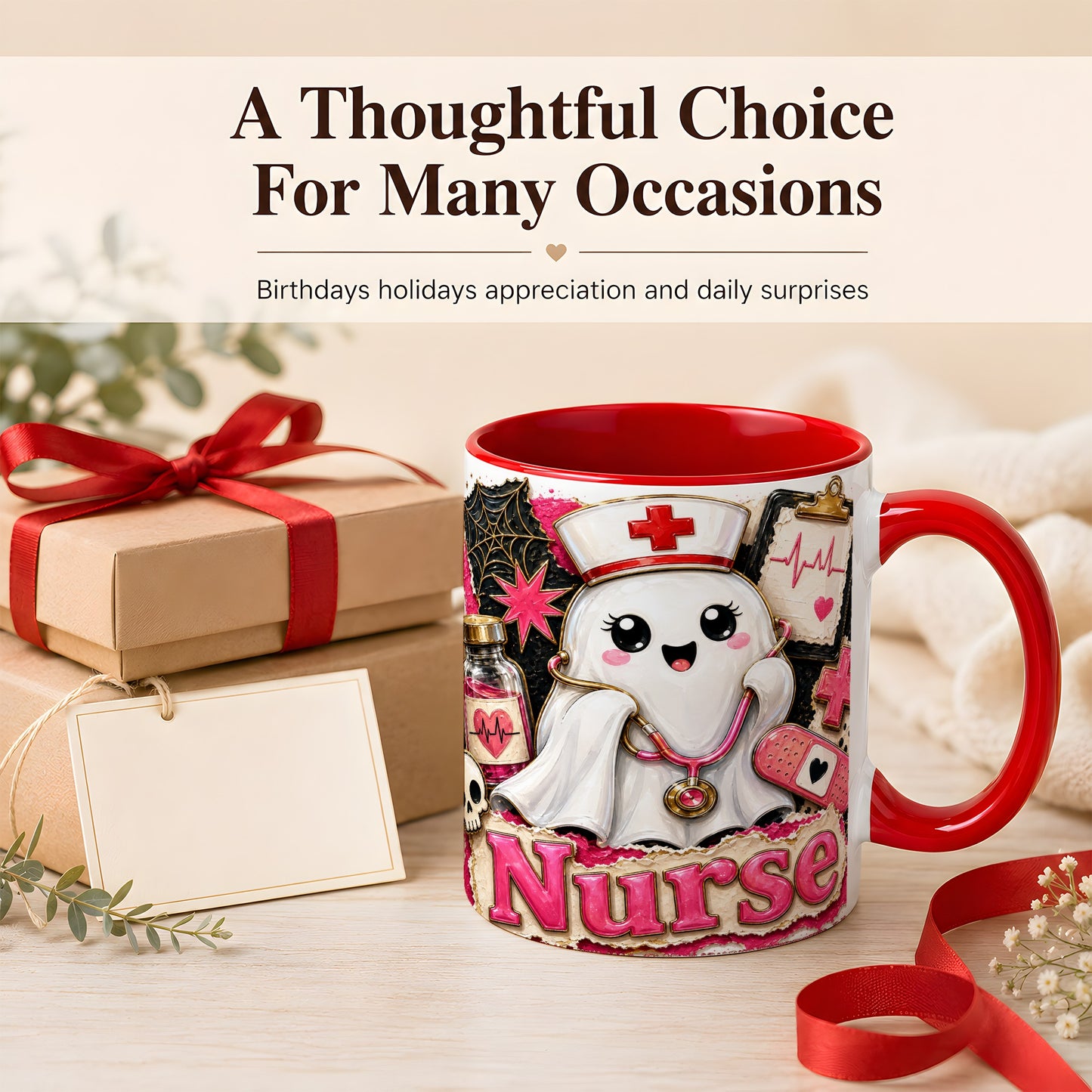 #pl[11oz|Red] Cute Nurse Ghost Coffee Mug, Halloween Nurse Mug, Ceramic Cup
