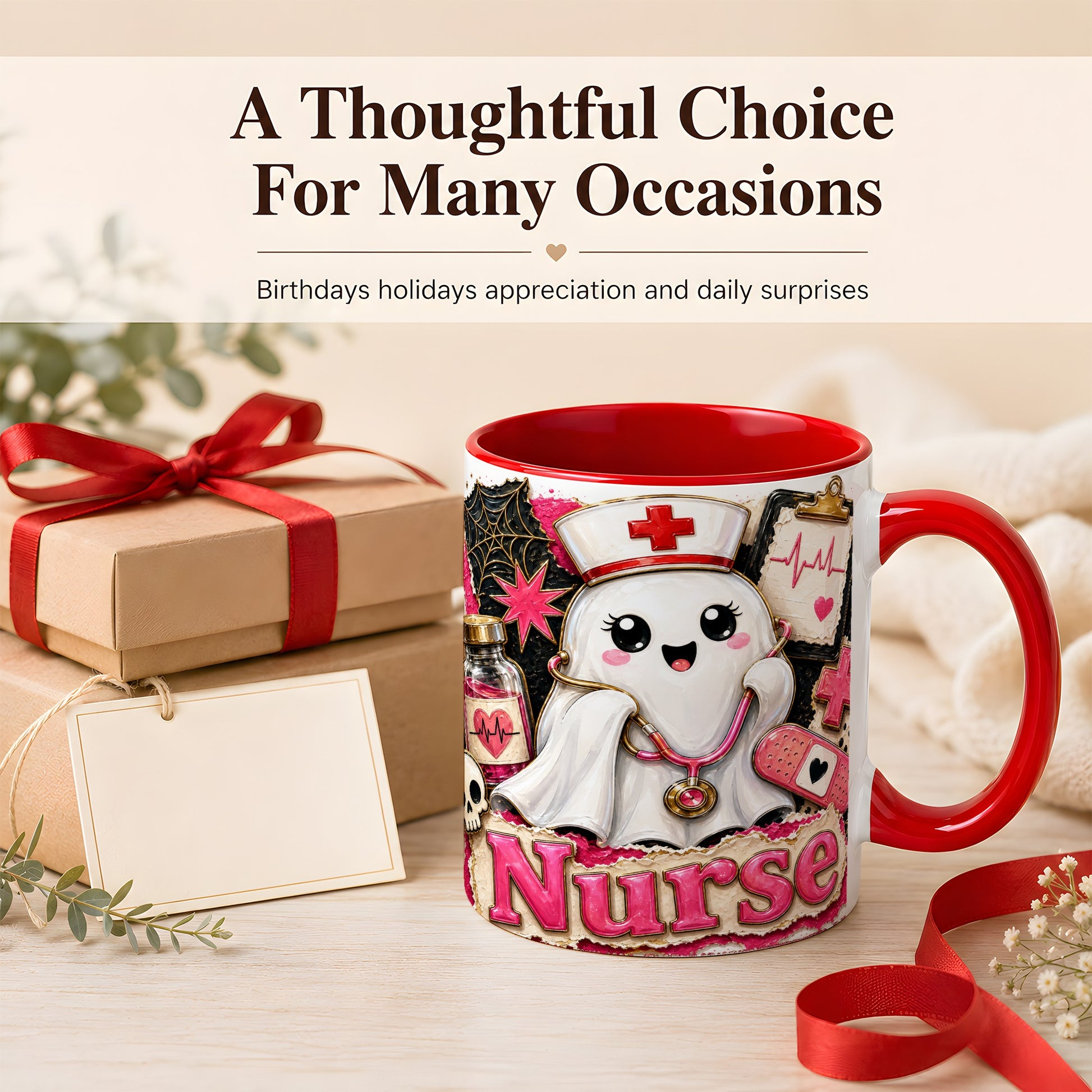 #pl[11oz|Red] Cute Nurse Ghost Coffee Mug, Halloween Nurse Mug, Ceramic Cup