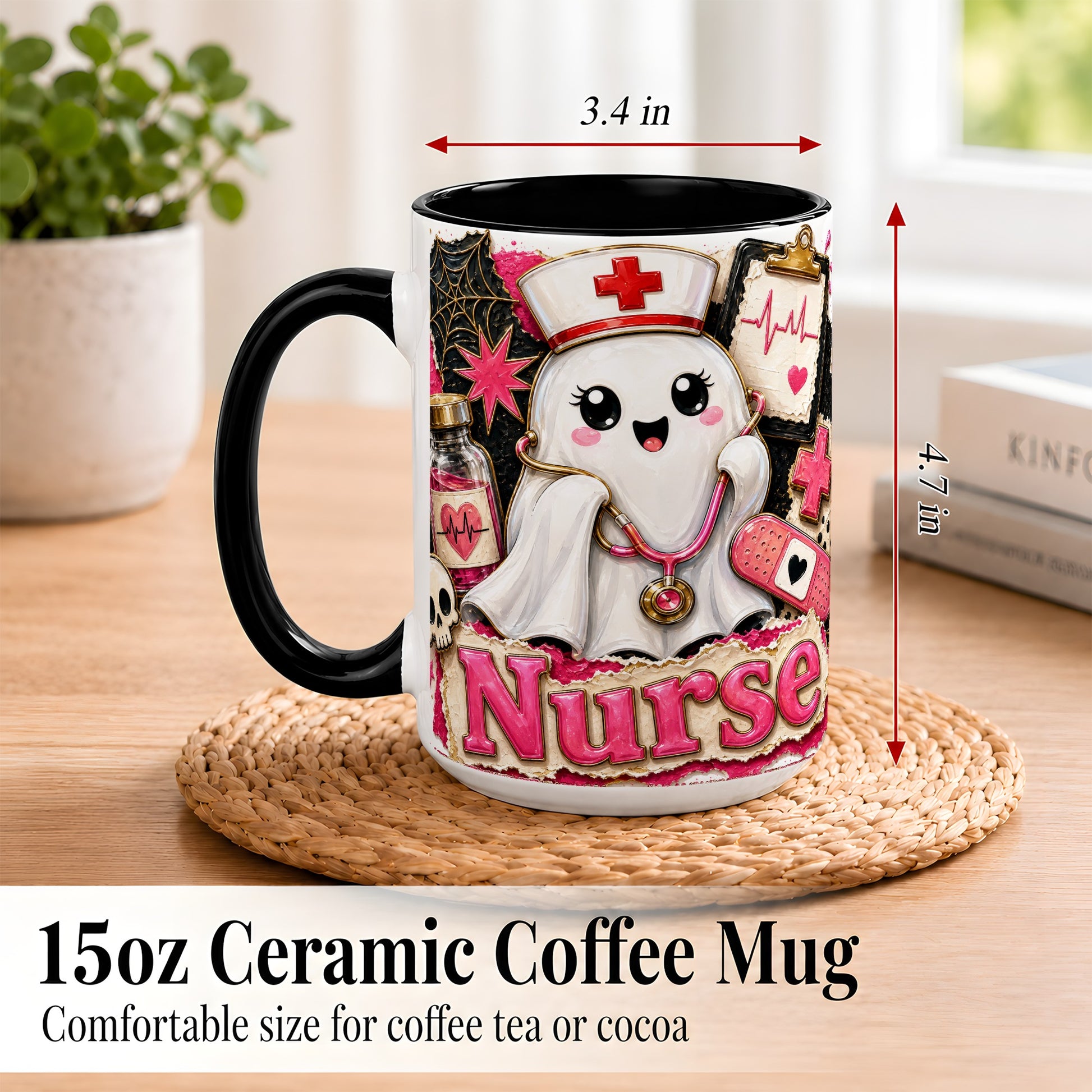 #pl[15oz|Black] Cute Nurse Ghost Coffee Mug, Halloween Nurse Mug, Ceramic Cup