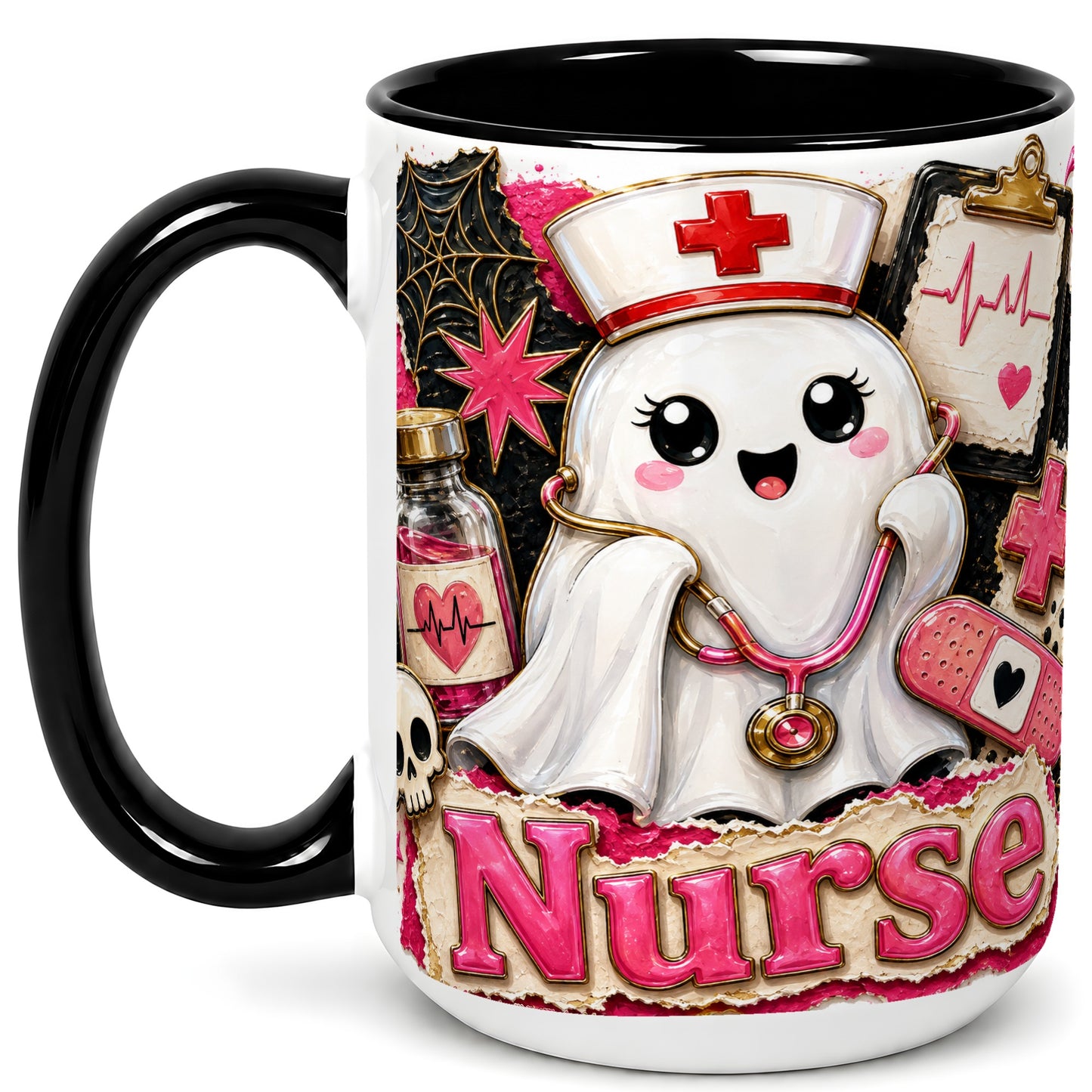 #pl[15oz|Black] Cute Nurse Ghost Coffee Mug, Halloween Nurse Mug, Ceramic Cup