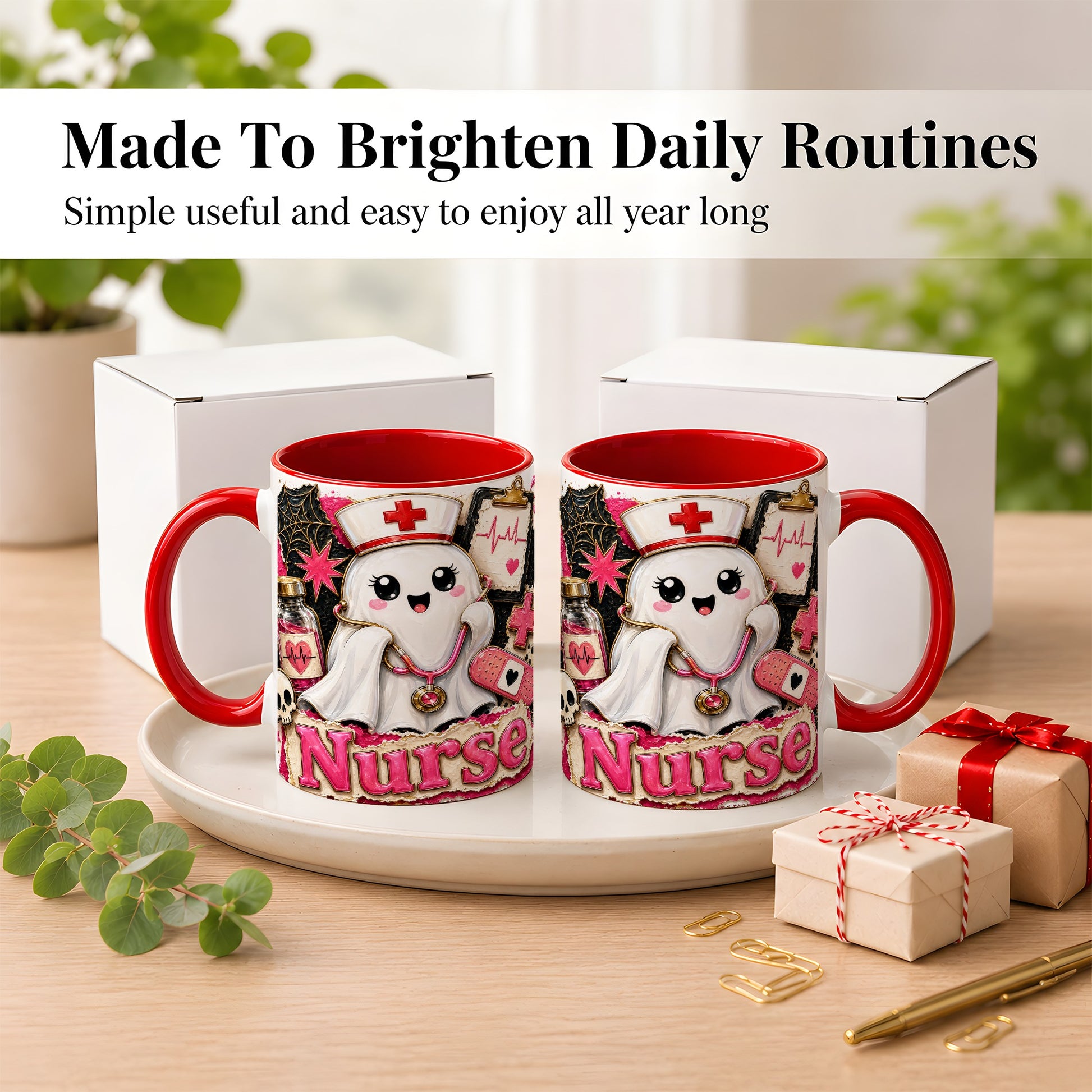 #pl[11oz|Red] Cute Nurse Ghost Coffee Mug, Halloween Nurse Mug, Ceramic Cup