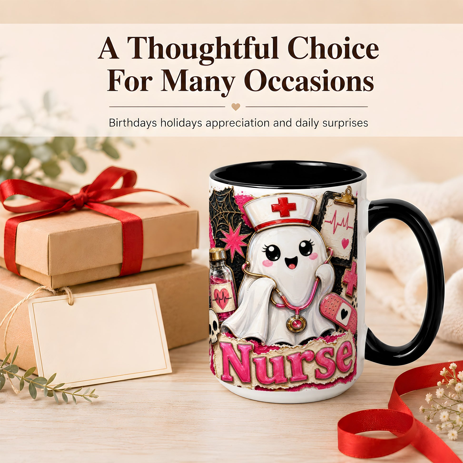 #pl[15oz|Black] Cute Nurse Ghost Coffee Mug, Halloween Nurse Mug, Ceramic Cup