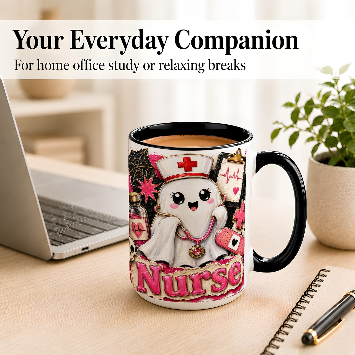 #pl[15oz|Black] Cute Nurse Ghost Coffee Mug, Halloween Nurse Mug, Ceramic Cup