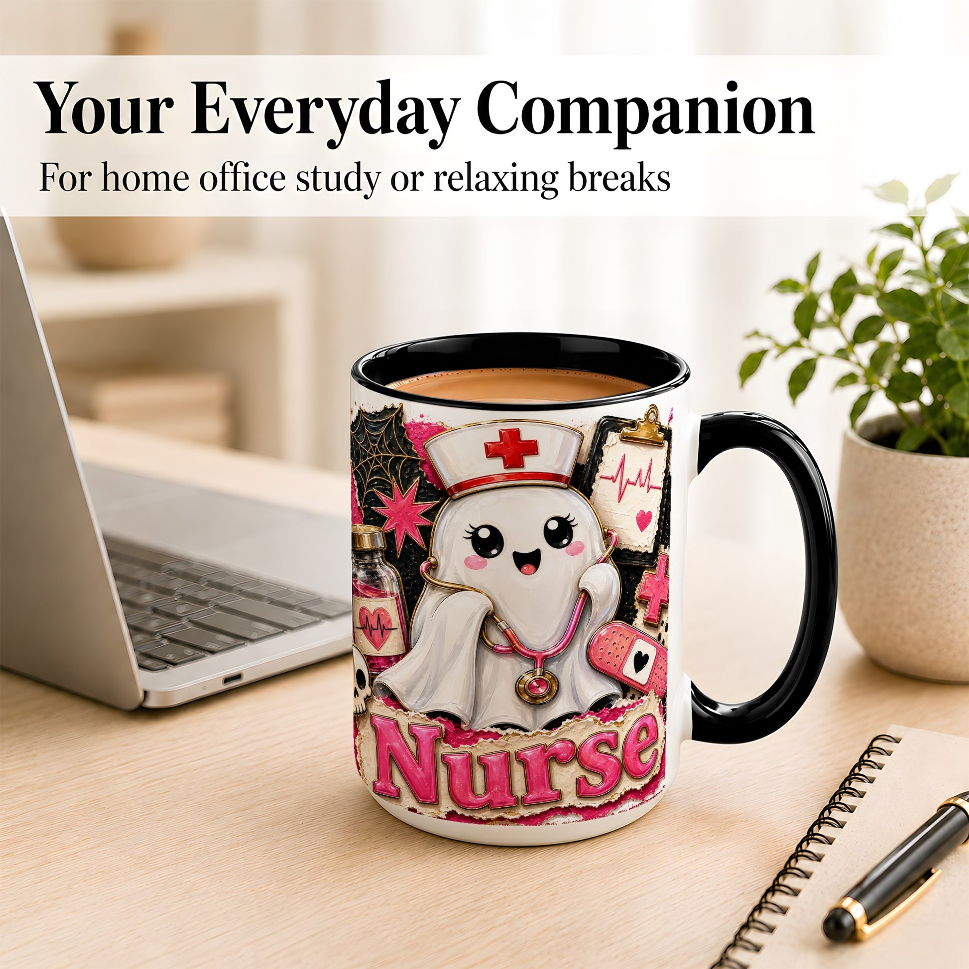 #pl[15oz|Black] Cute Nurse Ghost Coffee Mug, Halloween Nurse Mug, Ceramic Cup