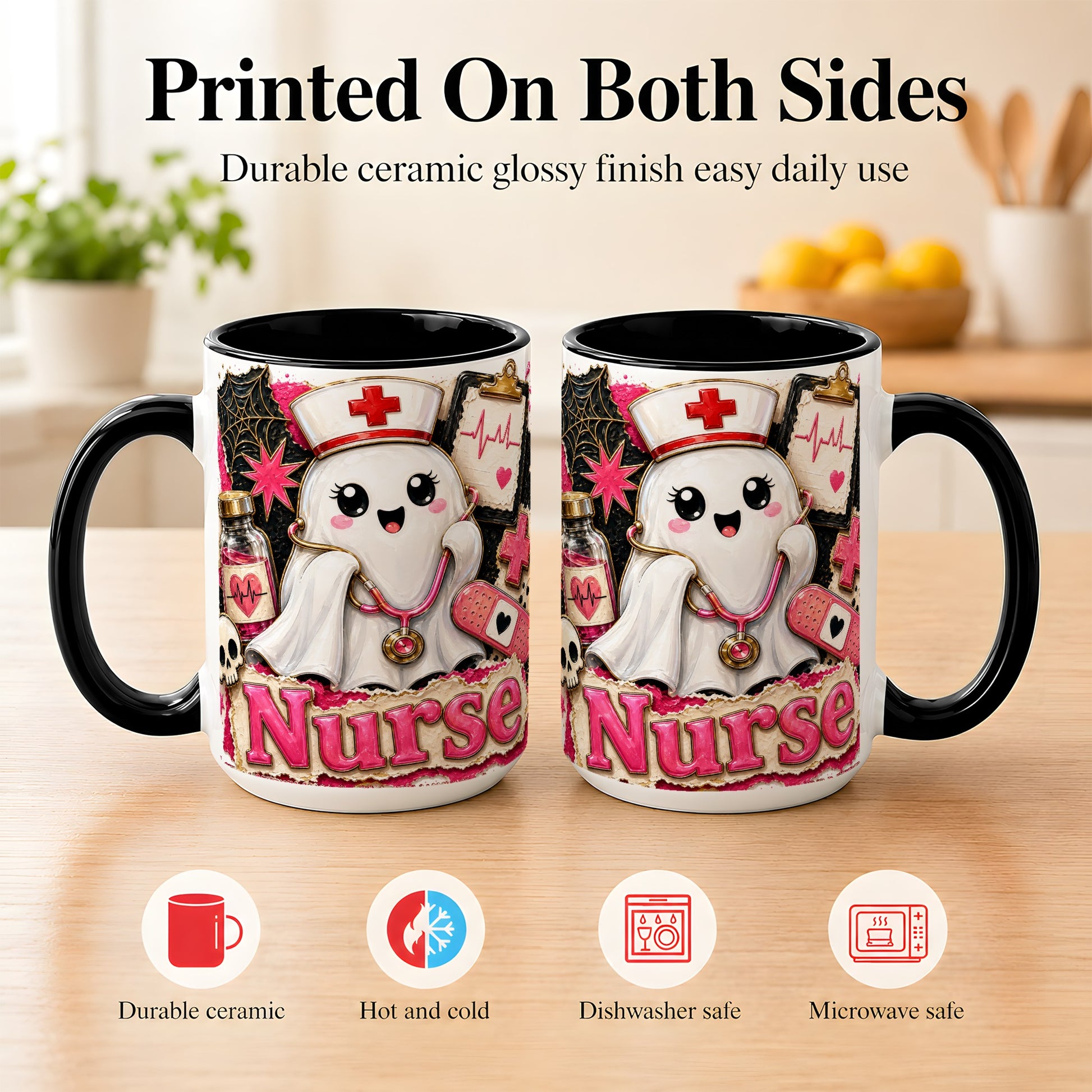 #pl[15oz|Black] Cute Nurse Ghost Coffee Mug, Halloween Nurse Mug, Ceramic Cup