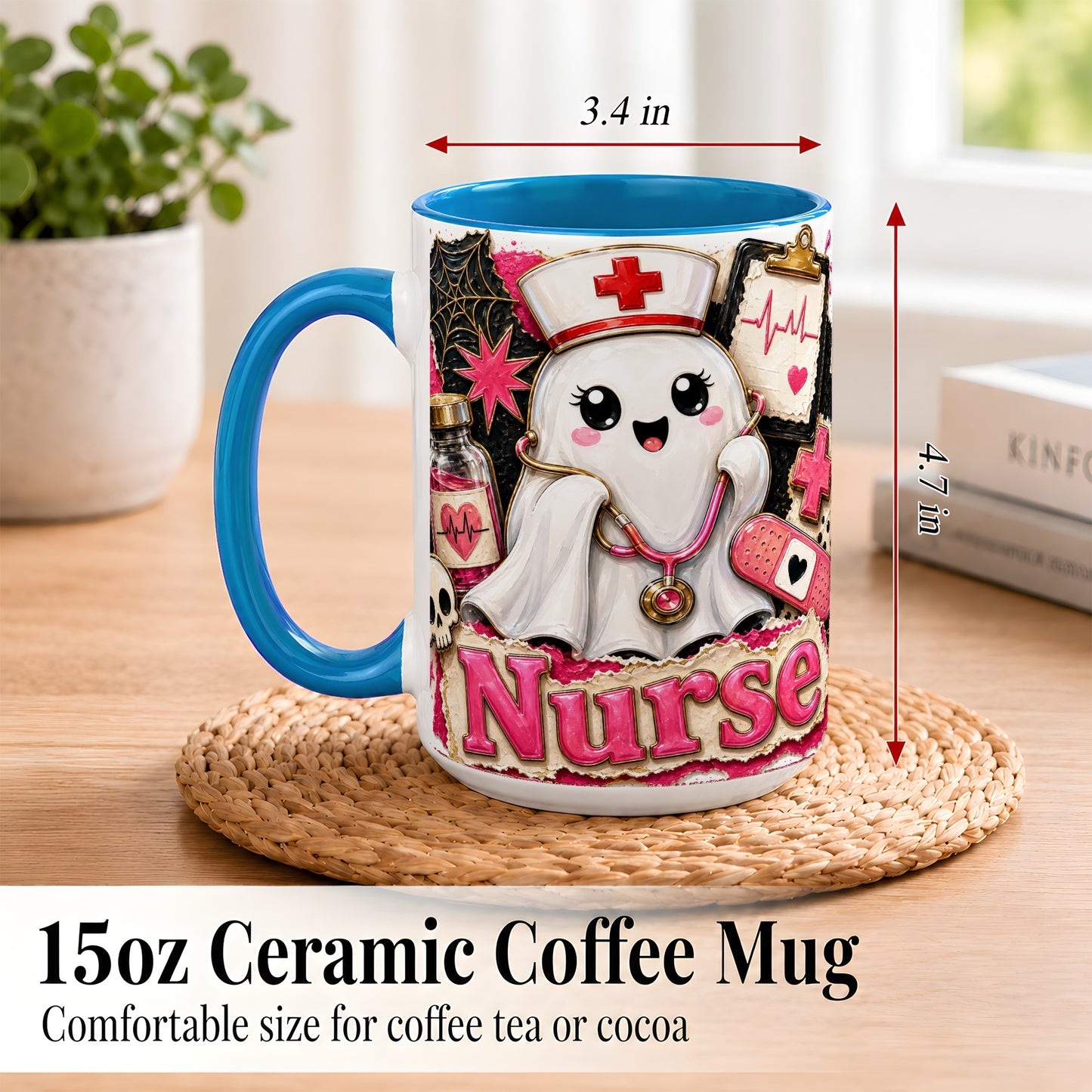 #pl[15oz|Blue] Cute Nurse Ghost Coffee Mug, Halloween Nurse Mug, Ceramic Cup