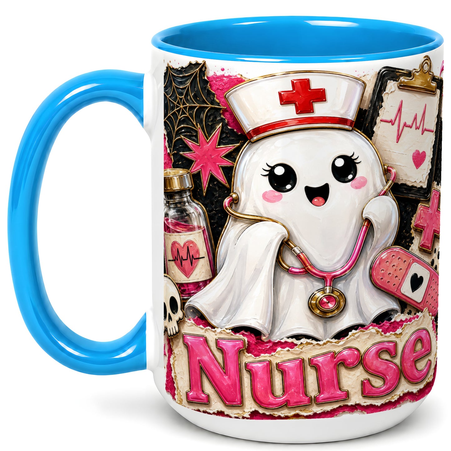 #pl[15oz|Blue] Cute Nurse Ghost Coffee Mug, Halloween Nurse Mug, Ceramic Cup