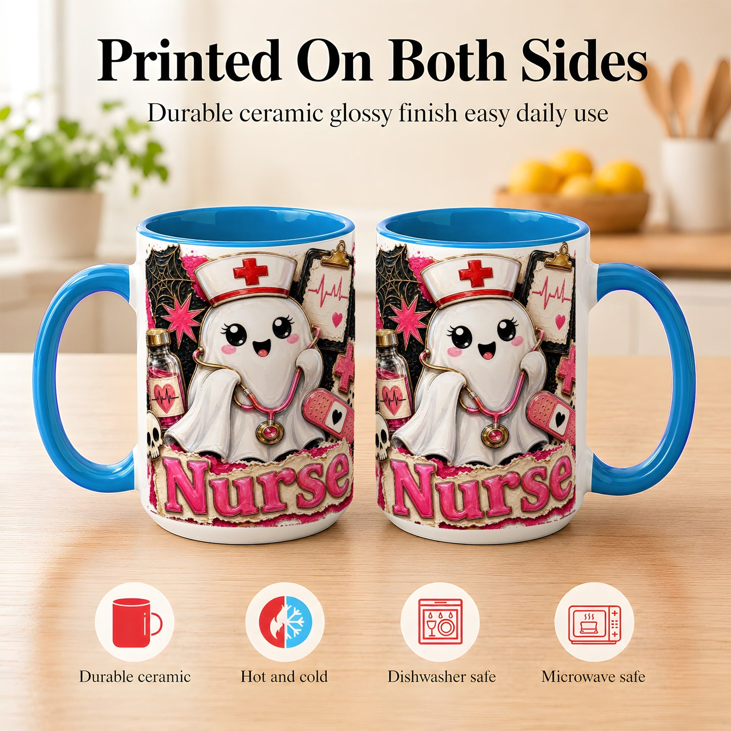 #pl[15oz|Blue] Cute Nurse Ghost Coffee Mug, Halloween Nurse Mug, Ceramic Cup