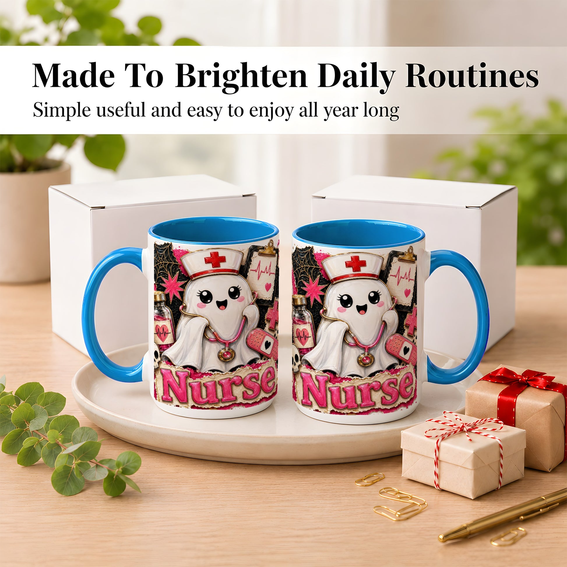 #pl[15oz|Blue] Cute Nurse Ghost Coffee Mug, Halloween Nurse Mug, Ceramic Cup