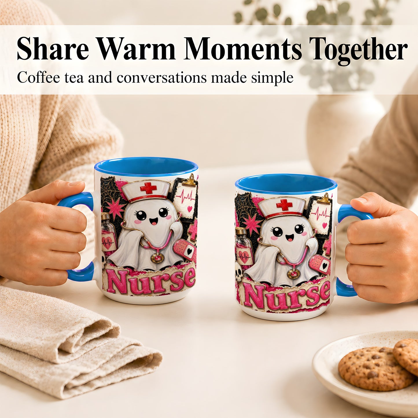 #pl[15oz|Blue] Cute Nurse Ghost Coffee Mug, Halloween Nurse Mug, Ceramic Cup