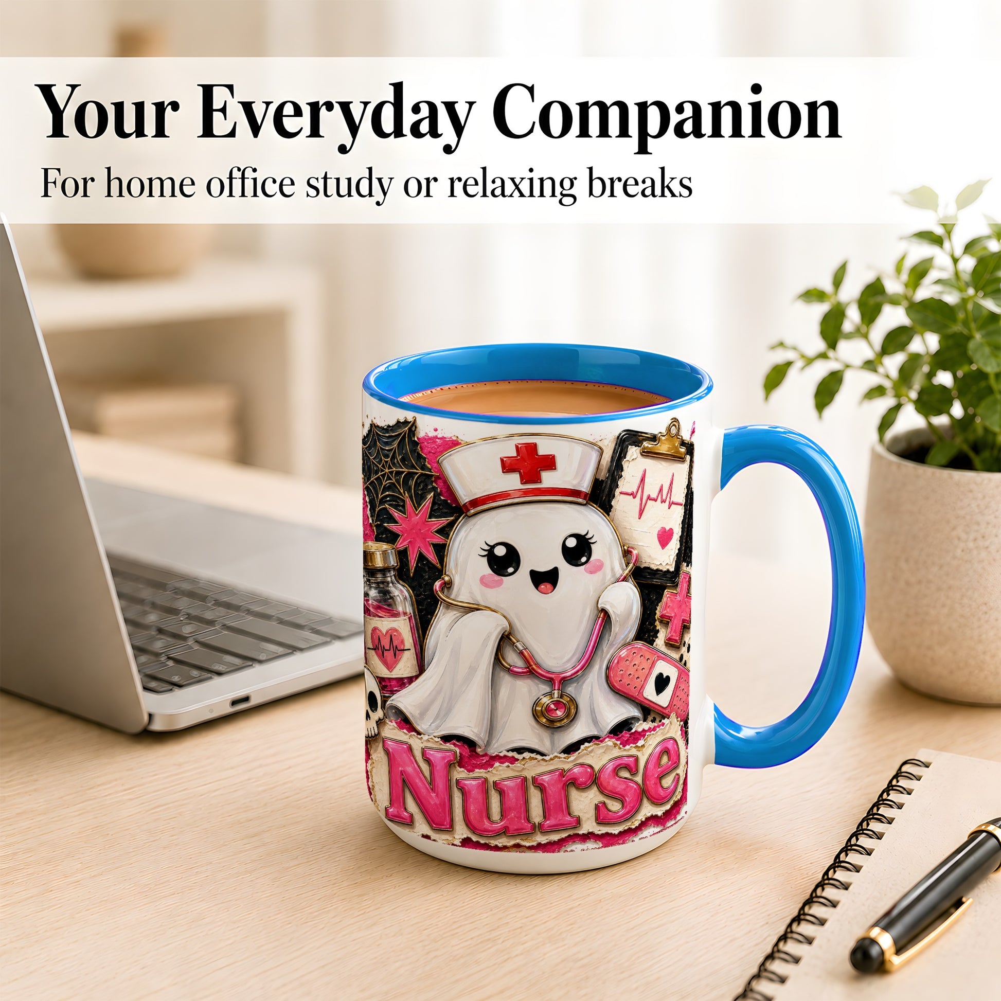#pl[15oz|Blue] Cute Nurse Ghost Coffee Mug, Halloween Nurse Mug, Ceramic Cup
