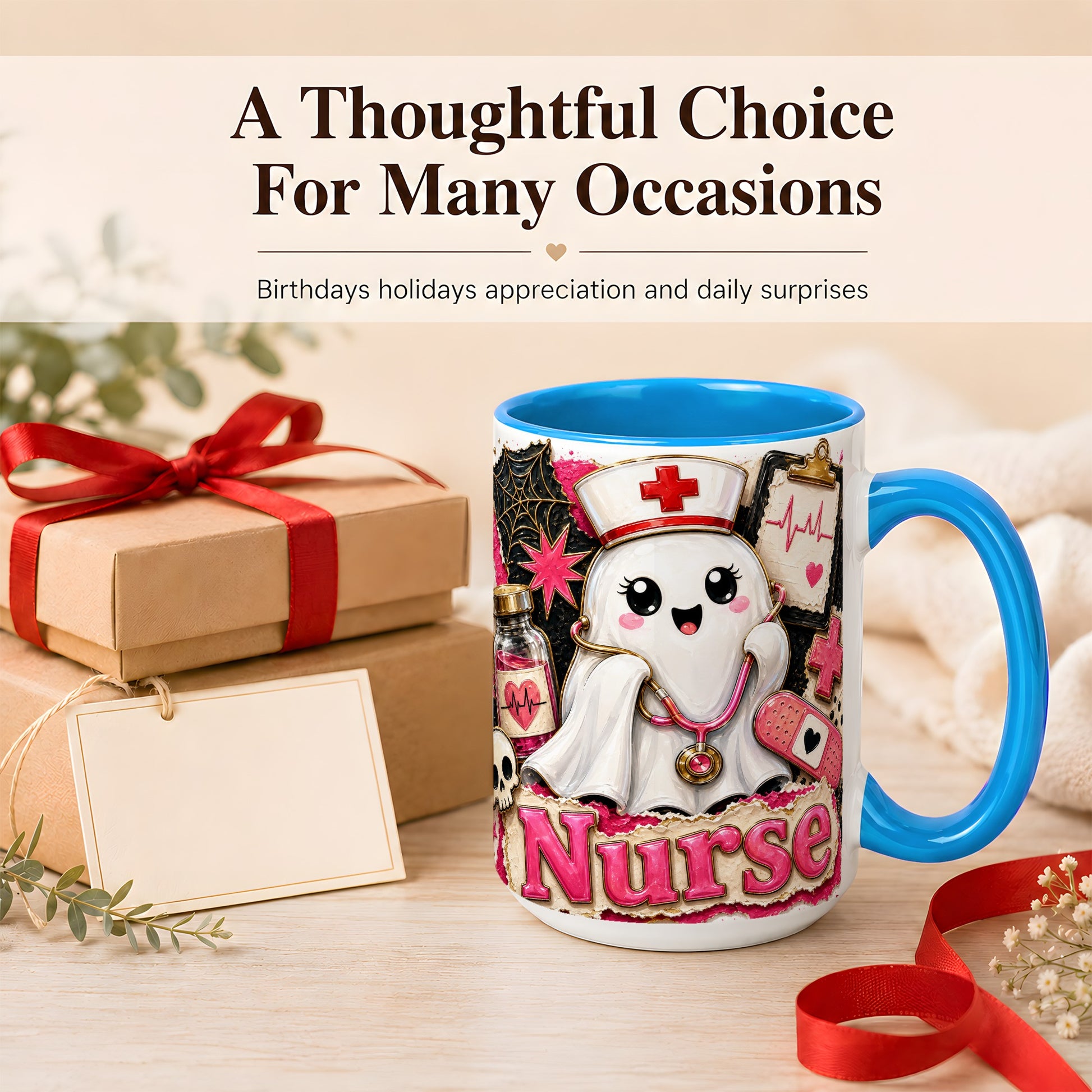 #pl[15oz|Blue] Cute Nurse Ghost Coffee Mug, Halloween Nurse Mug, Ceramic Cup