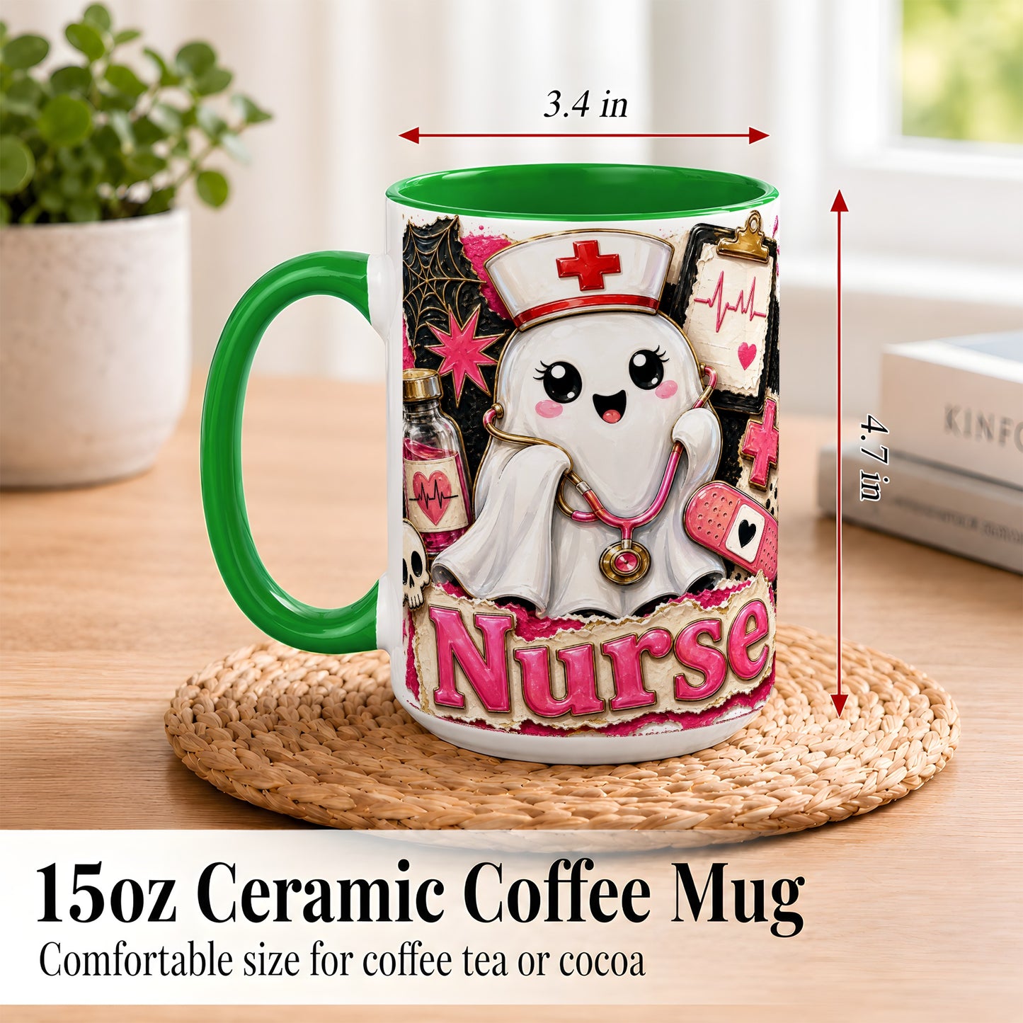 #pl[15oz|Green] Cute Nurse Ghost Coffee Mug, Halloween Nurse Mug, Ceramic Cup
