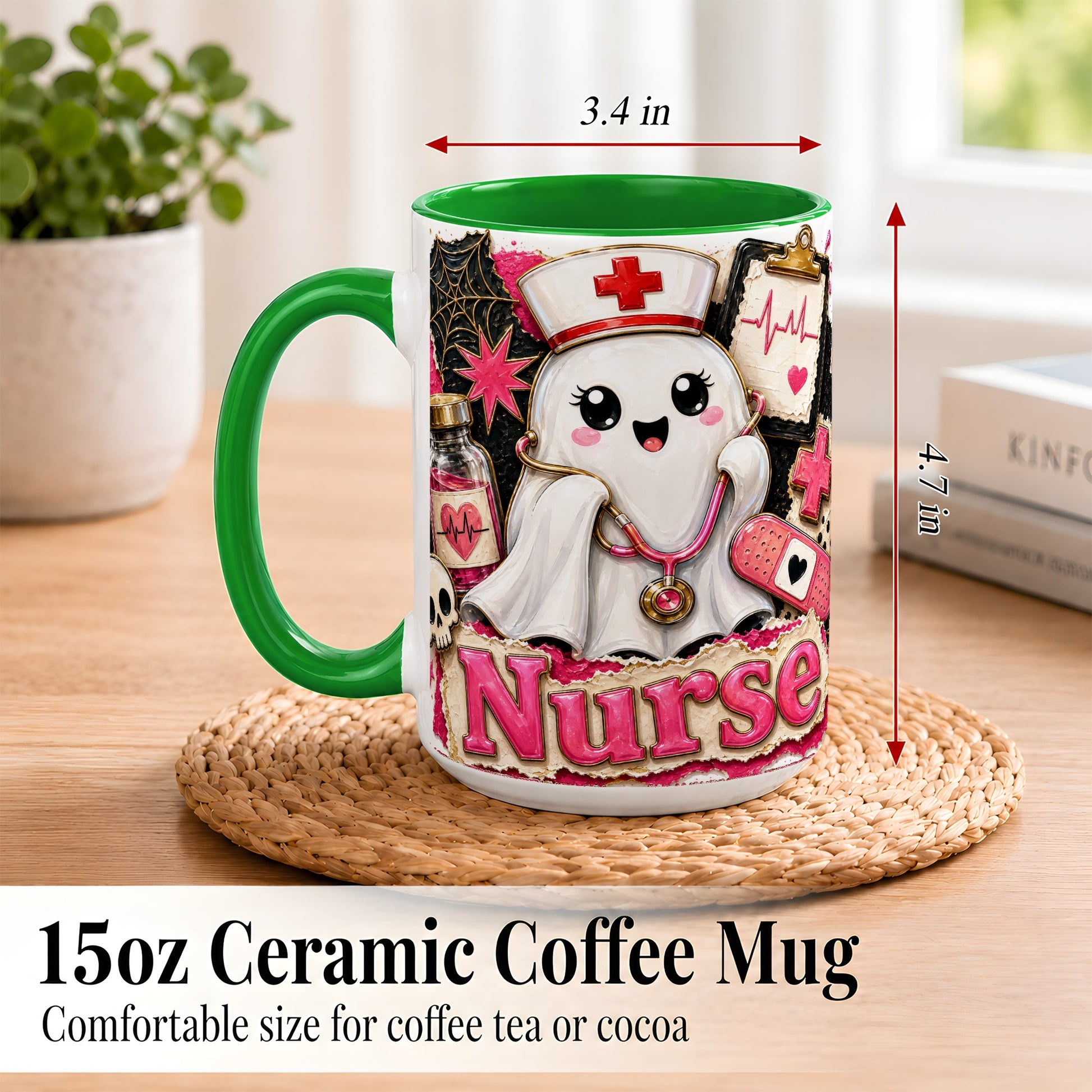 #pl[15oz|Green] Cute Nurse Ghost Coffee Mug, Halloween Nurse Mug, Ceramic Cup