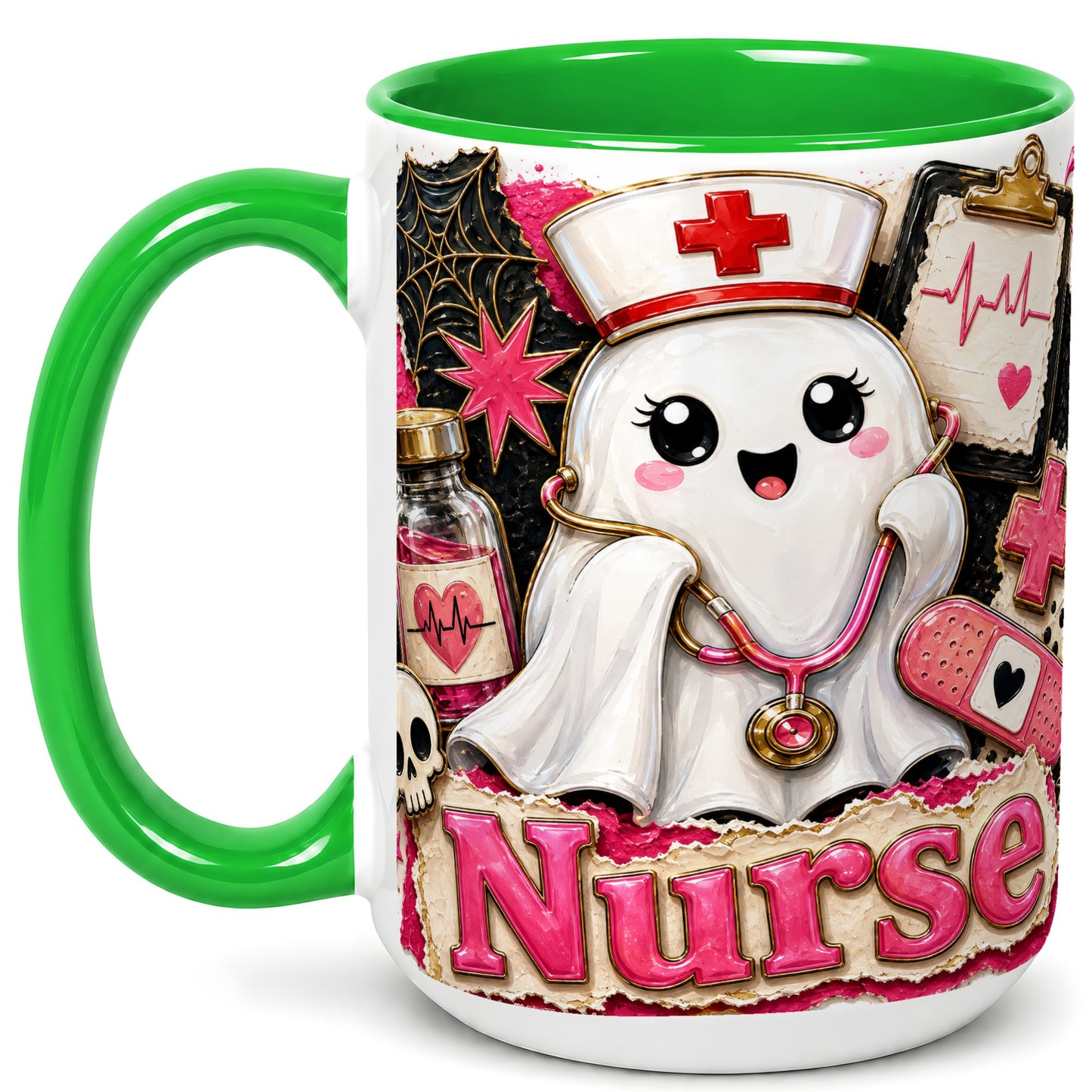 #pl[15oz|Green] Cute Nurse Ghost Coffee Mug, Halloween Nurse Mug, Ceramic Cup