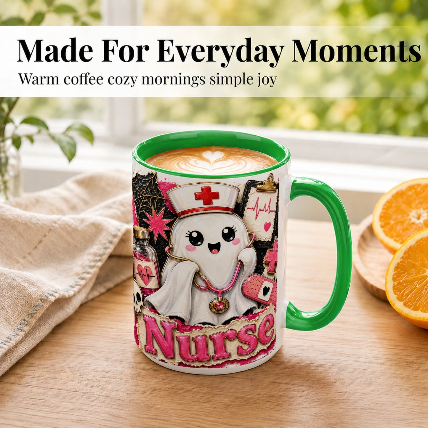 #pl[15oz|Green] Cute Nurse Ghost Coffee Mug, Halloween Nurse Mug, Ceramic Cup