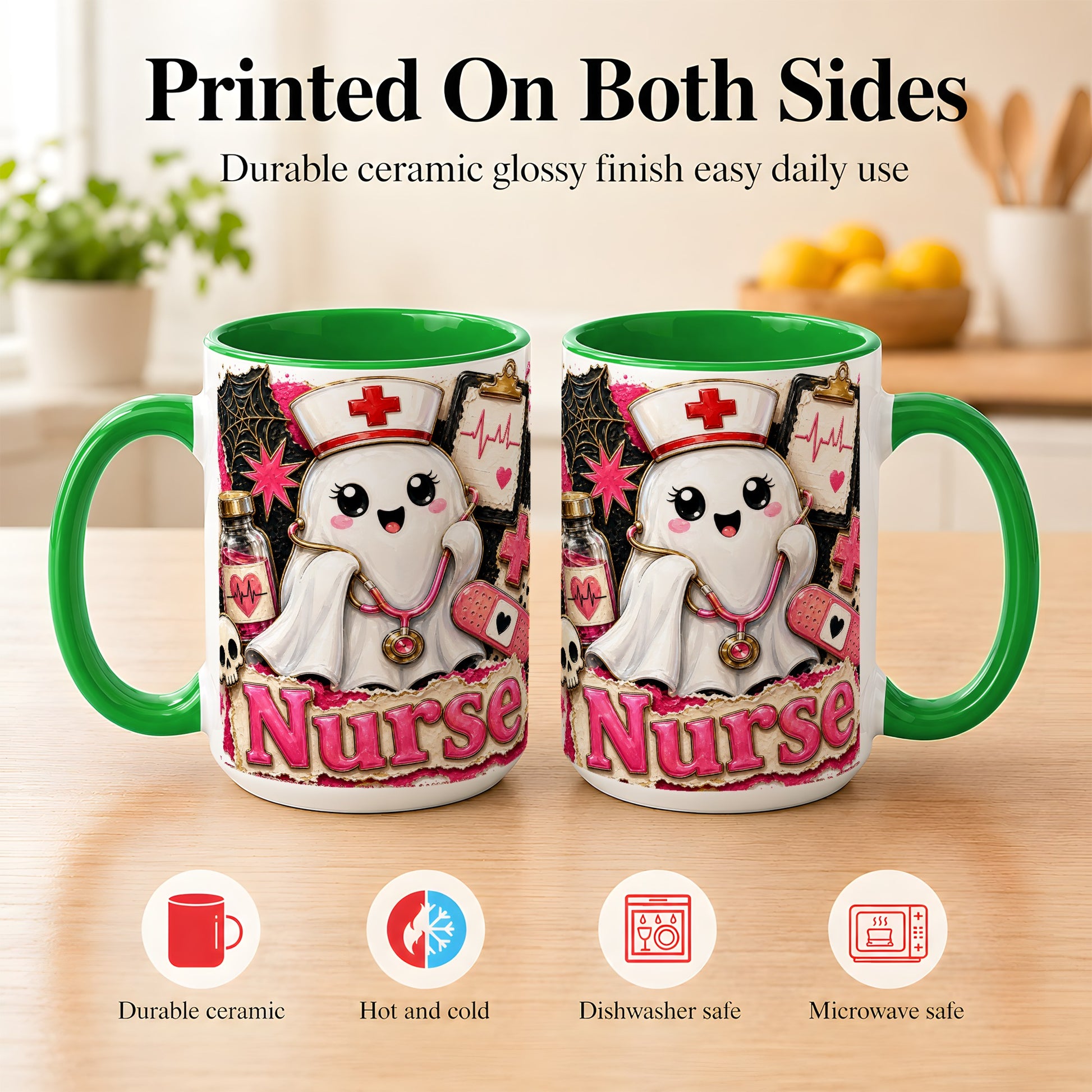 #pl[15oz|Green] Cute Nurse Ghost Coffee Mug, Halloween Nurse Mug, Ceramic Cup