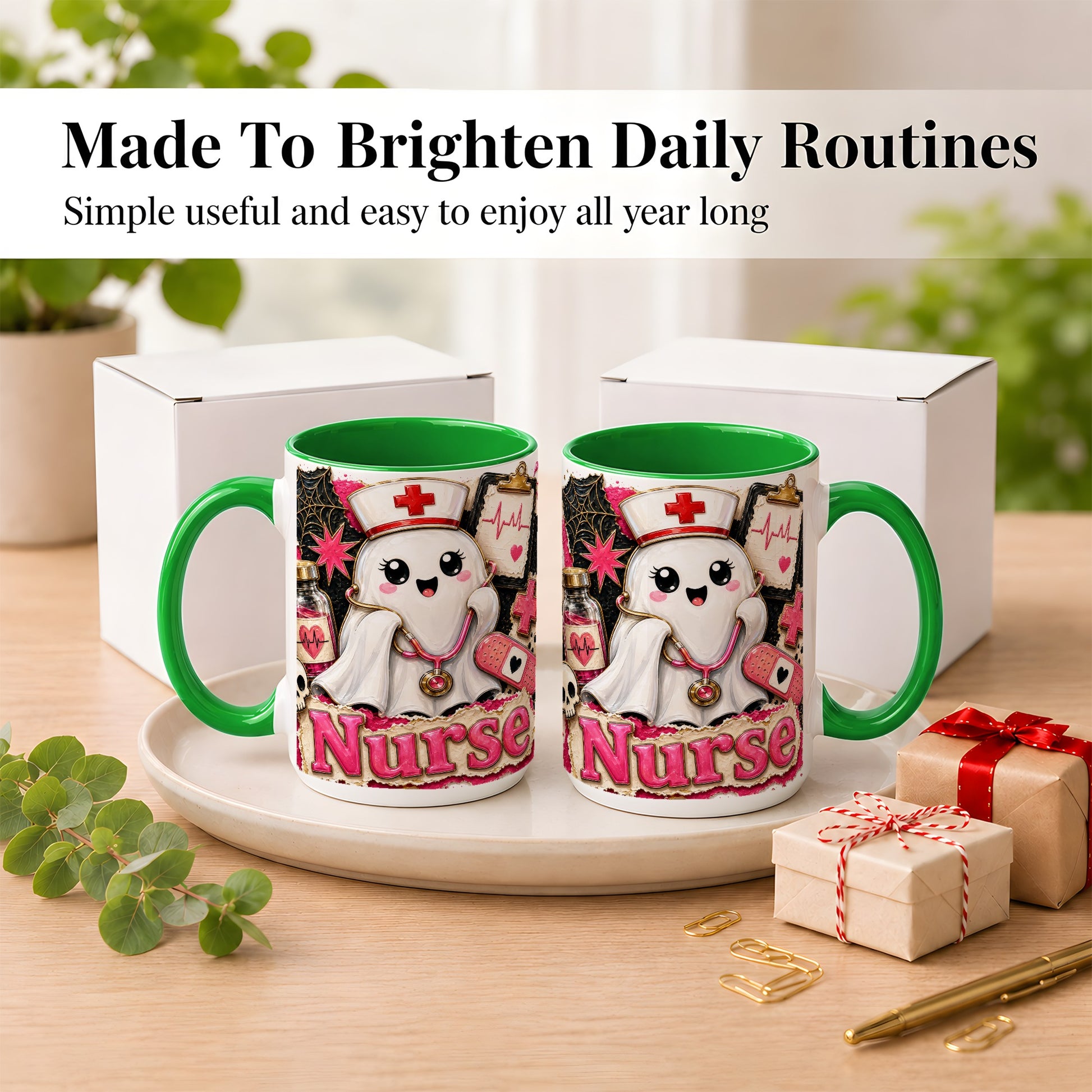 #pl[15oz|Green] Cute Nurse Ghost Coffee Mug, Halloween Nurse Mug, Ceramic Cup