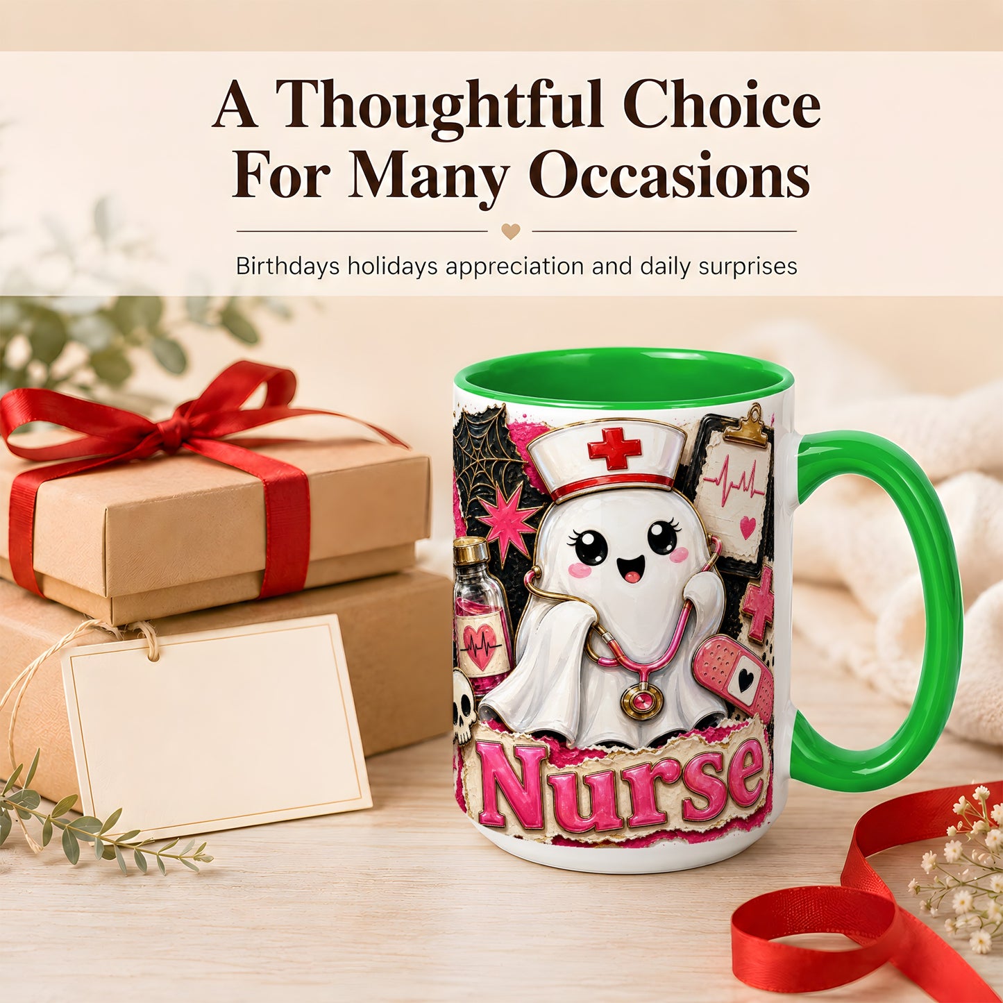 #pl[15oz|Green] Cute Nurse Ghost Coffee Mug, Halloween Nurse Mug, Ceramic Cup