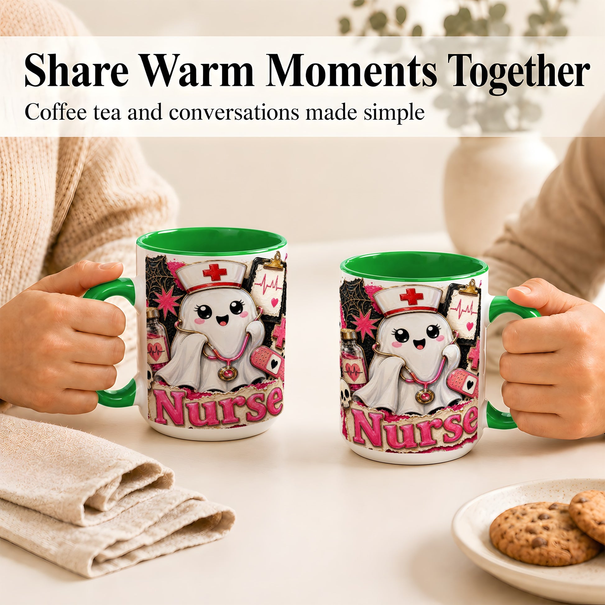 #pl[15oz|Green] Cute Nurse Ghost Coffee Mug, Halloween Nurse Mug, Ceramic Cup