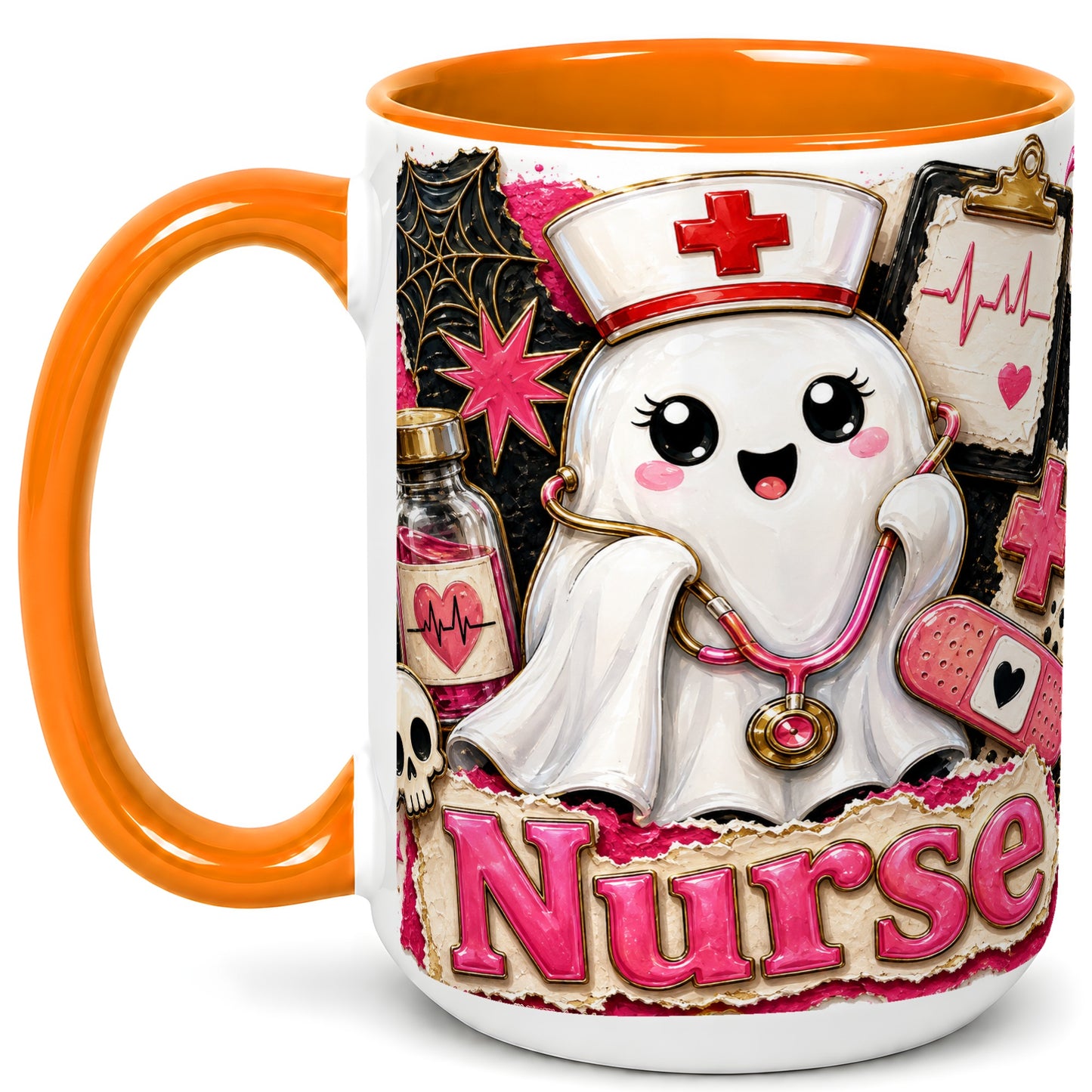 #pl[15oz|Orange] Cute Nurse Ghost Coffee Mug, Halloween Nurse Mug, Ceramic Cup