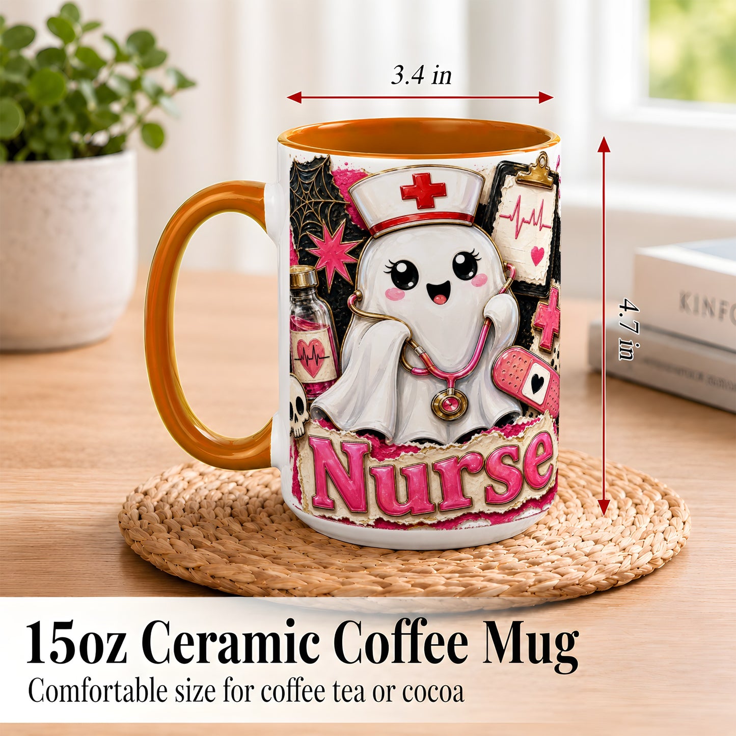#pl[15oz|Orange] Cute Nurse Ghost Coffee Mug, Halloween Nurse Mug, Ceramic Cup